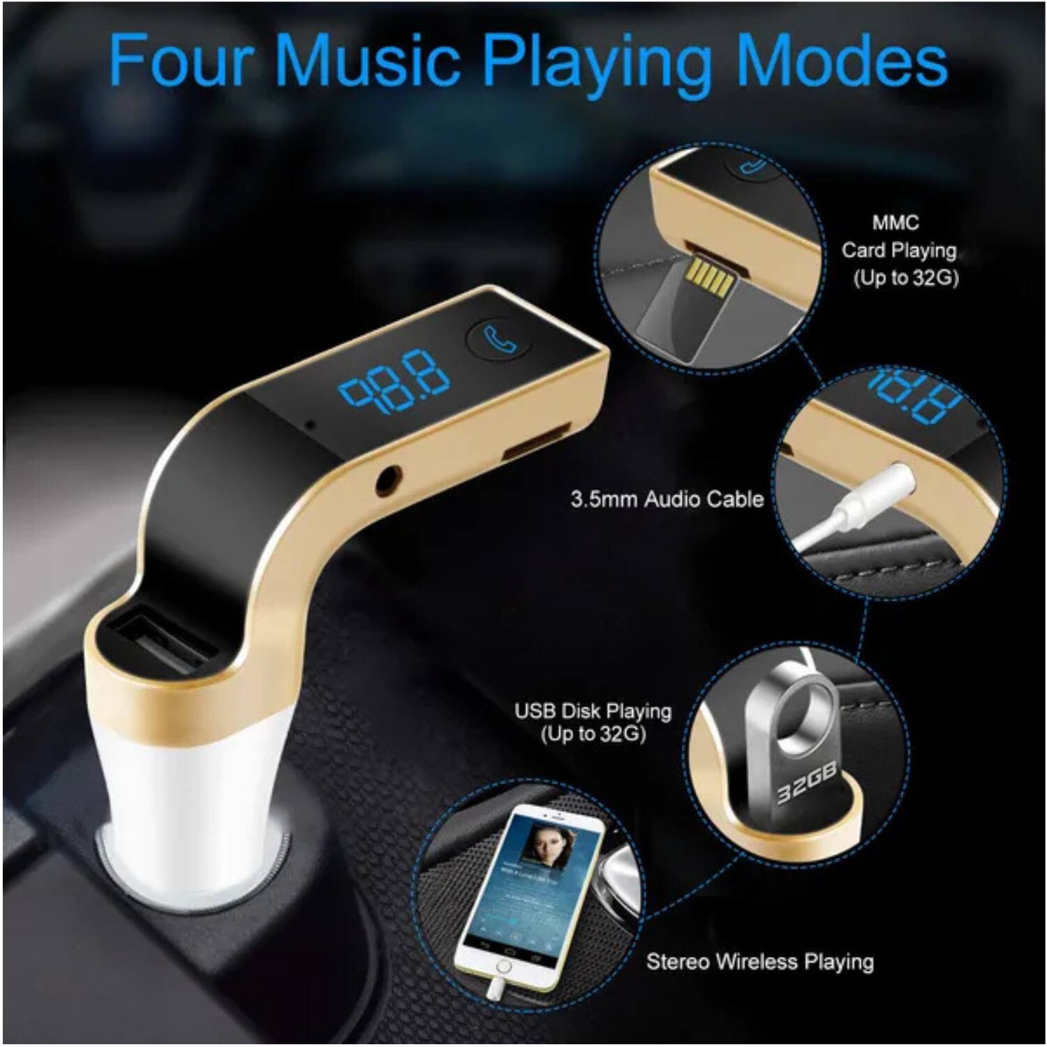 Four Music Playing Modes

1. MMC Card Playing (Up to 32G)
2. 3.5mm Audio Cable
3. USB Disk Playing (Up to 32G)
4. Stereo Wireless Playing