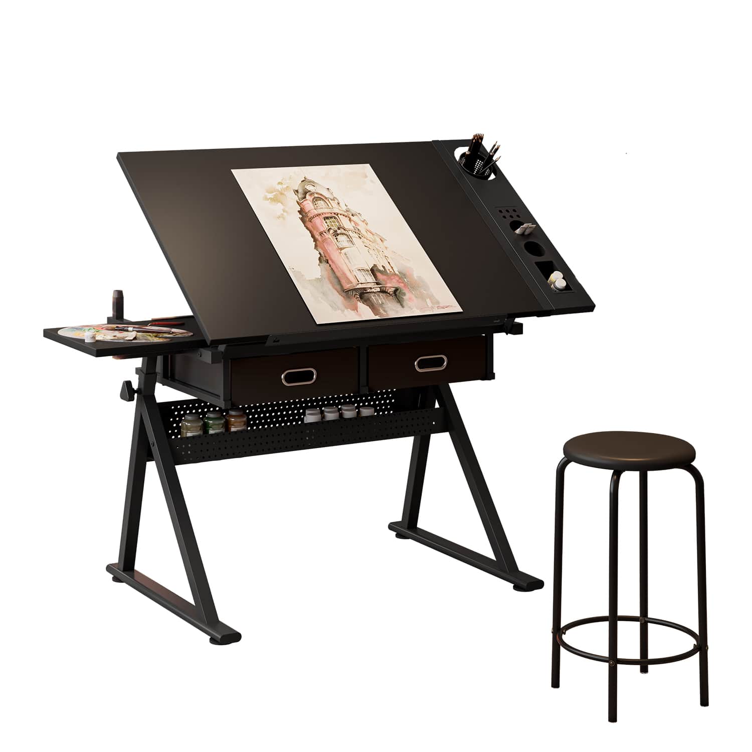 Bestier - Adjustable Drafting Table Art Desk with Tilting Tabletop, Storage Drawers & Stool, Drawing Desk for Crafting, Writing - Black