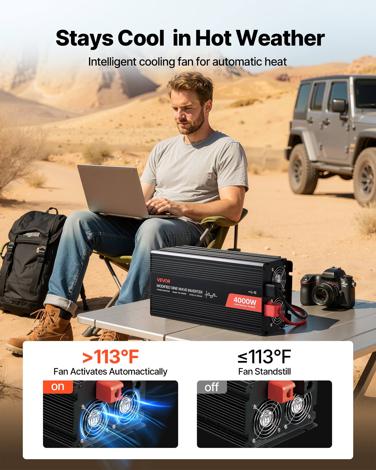 Stays Cool in Hot Weather  
Intelligent cooling fan for automatic heat  

VEVOR MODIFIED SINE WAVE INVERTER - 4000W CONTINUOUS  

>113°F  
Fan Activates Automatically  

≤113°F  
Fan Standstill