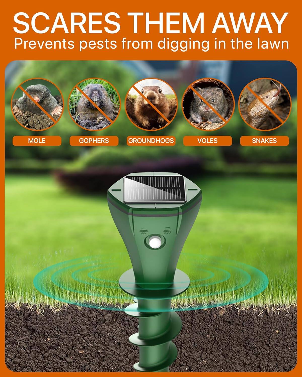 SCARES THEM AWAY  
Prevents pests from digging in the lawn  
MOLE  
GOPHERS  
GROUNDHOGS  
VOLES  
SNAKES