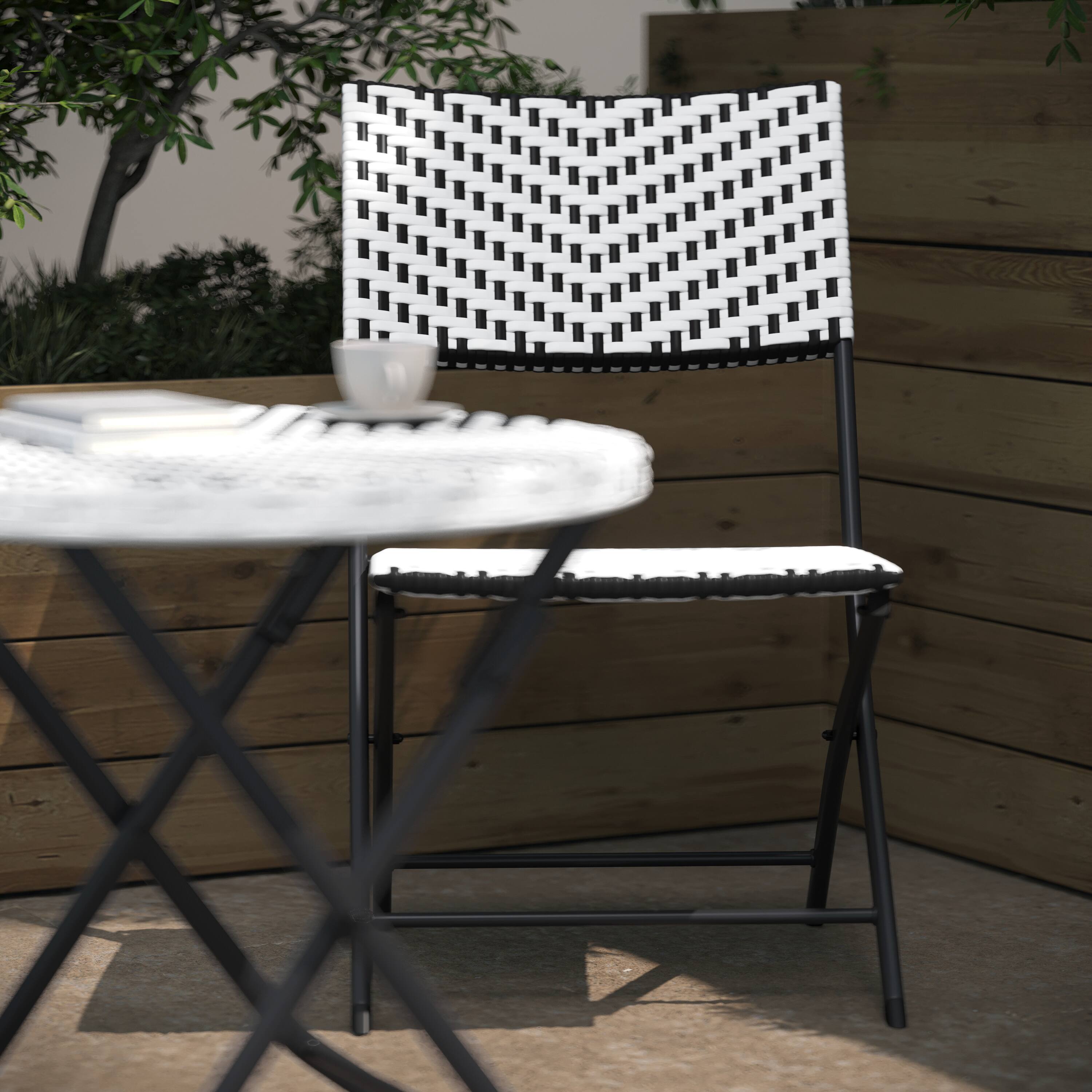 Alt View 3. Flash Furniture - Rouen Three Piece Commercial Grade Foldable Bistro Set, Indoor/Outdoor PE Rattan Back, Seat and Table Top, Black/White w - Black.
