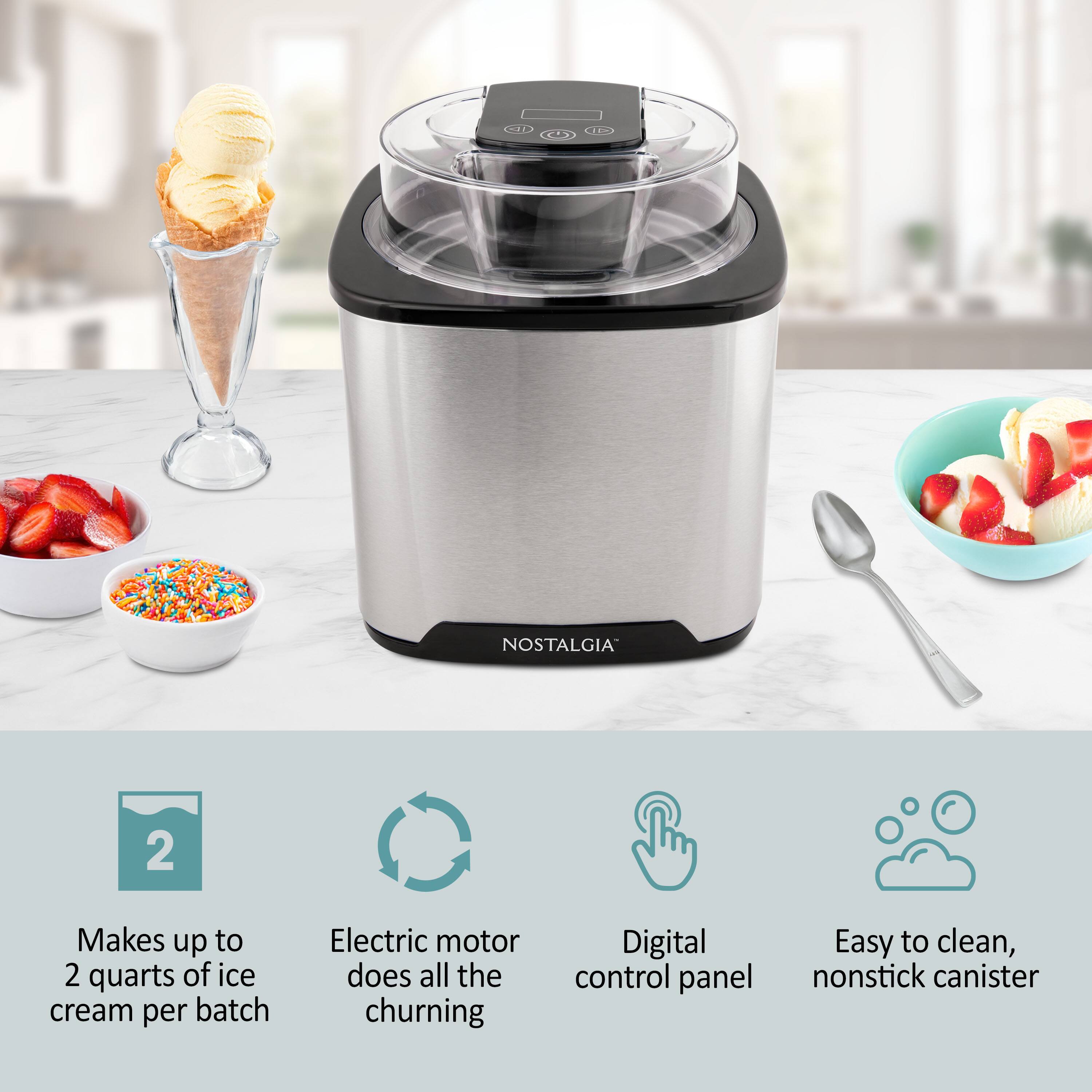 - NOSTALGIA 2
- Makes up to 2 quarts of ice cream per batch
- Electric motor does all the churning
- Digital control panel
- Easy to clean, nonstick canister