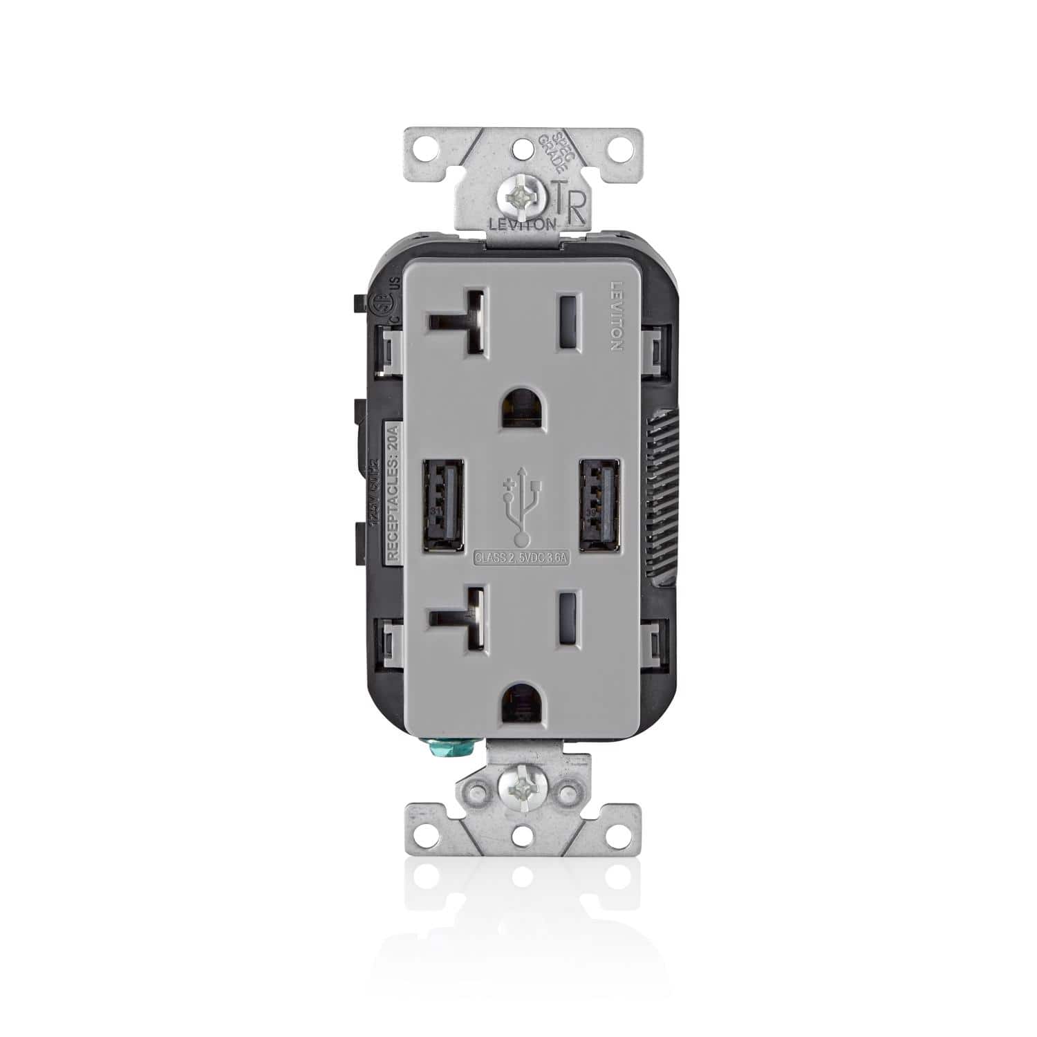 Leviton - Decora 20 amps 125 V Outlet and USB Charger 5-20R 1 pk - Gray