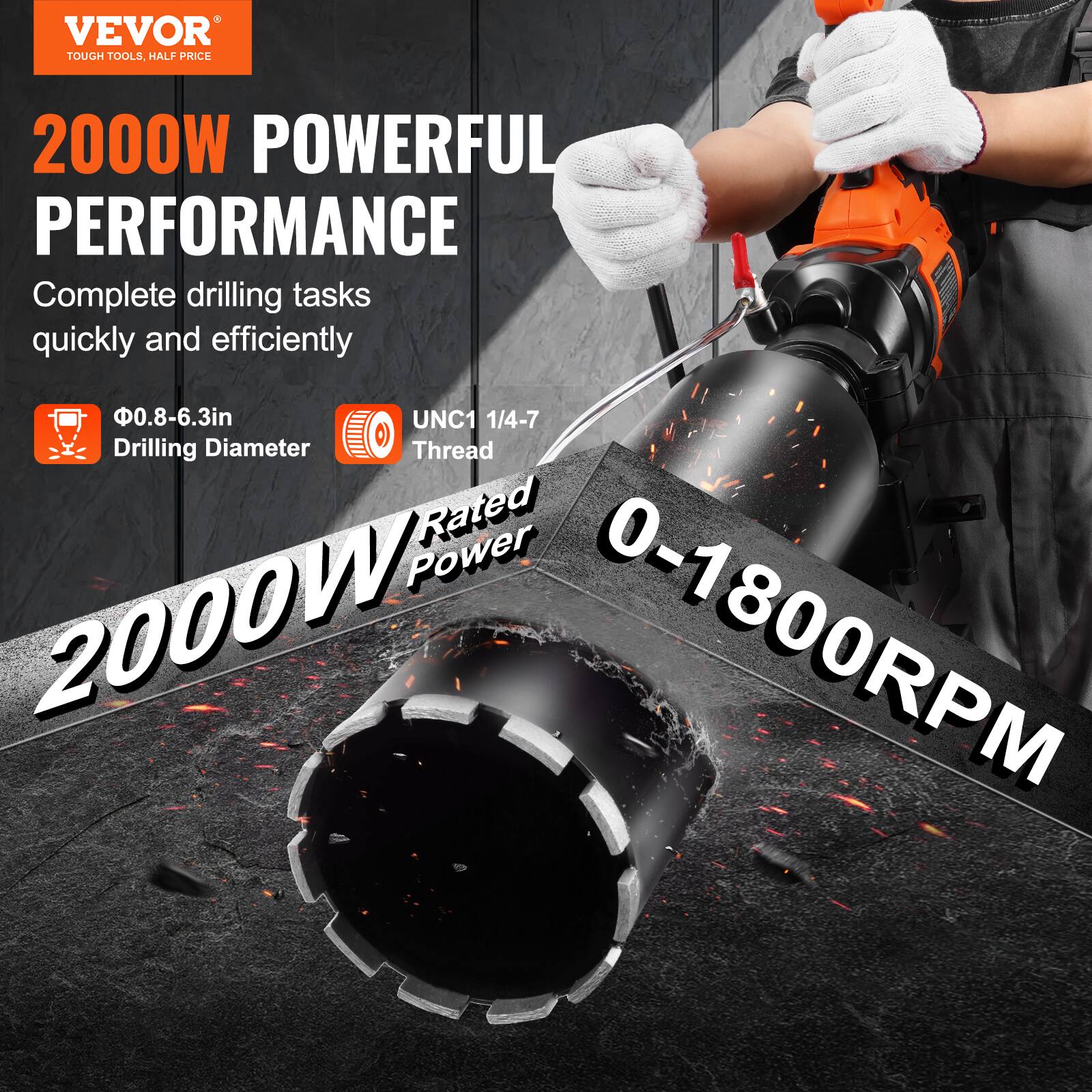 VEVOR TOUGH TOOLS, HALF PRICE

2000W POWERFUL PERFORMANCE
Complete drilling tasks quickly and efficiently

0.8-6.3in Drilling Diameter
UNC1 1/4-7 Thread

2000W Rated Power
0-1800RPM