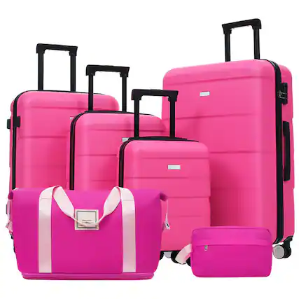 Front. HTUTWOO - Hardshell Luggage -6 Piece with 2 Bags,Carry on Suitcase with Handle Password Lock,Double Spinner Wheels,16"/20"/24"/28" - Pink.