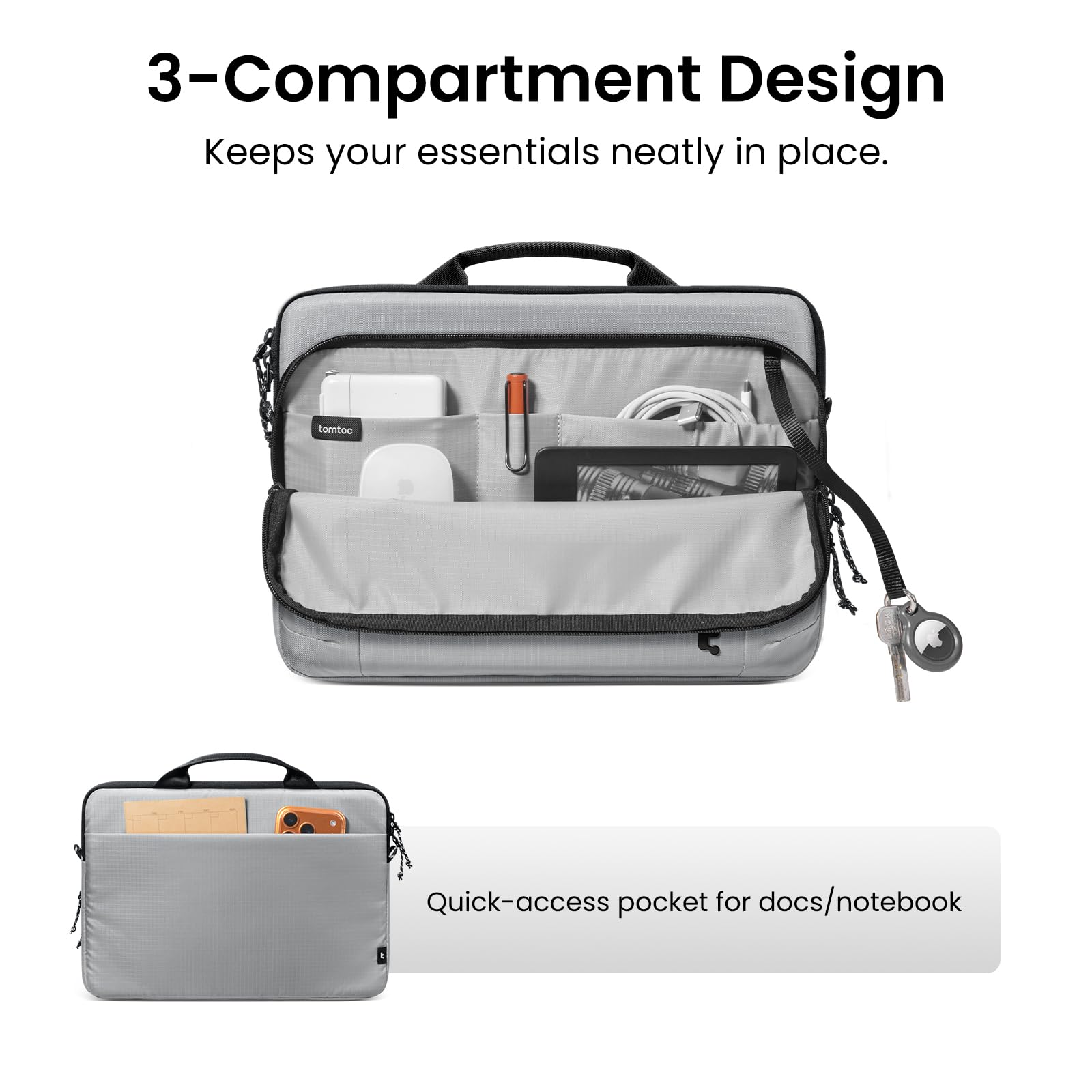 3-Compartment Design  
Keeps your essentials neatly in place.  

Quick-access pocket for docs/notebook