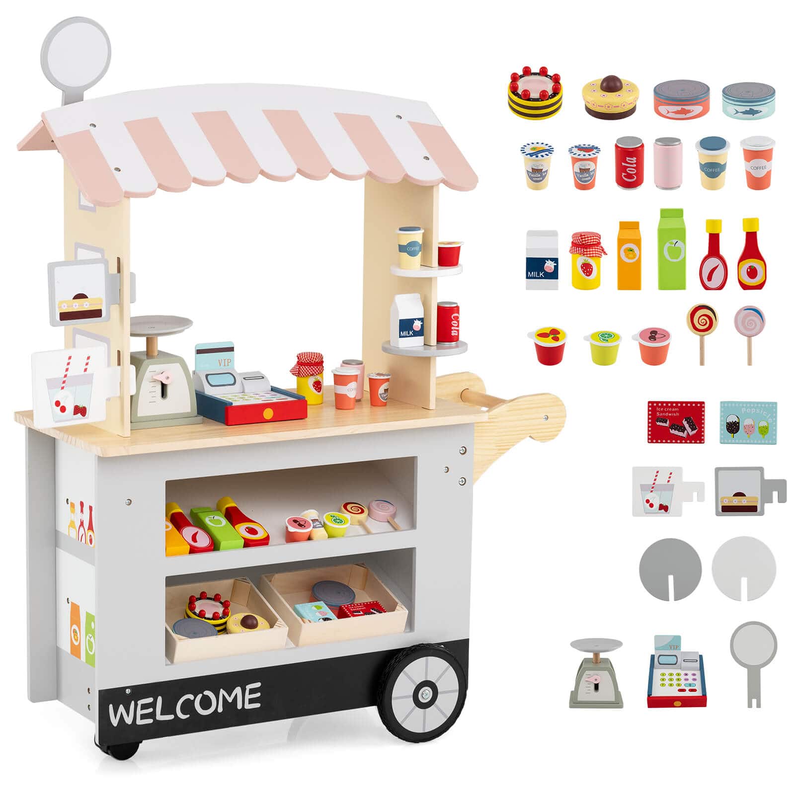 Costway - Kids Snacks & Sweets Food Cart Kids Toy Cart Play Set with 30 PCS Accessories - Gray