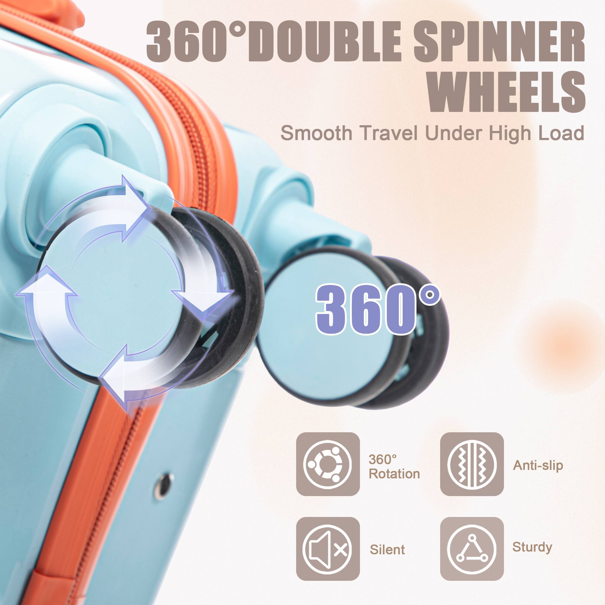 360° DOUBLE SPINNER WHEELS  
Smooth Travel Under High Load  

360°  
360° Rotation  
Anti-slip  
Silent  
Sturdy