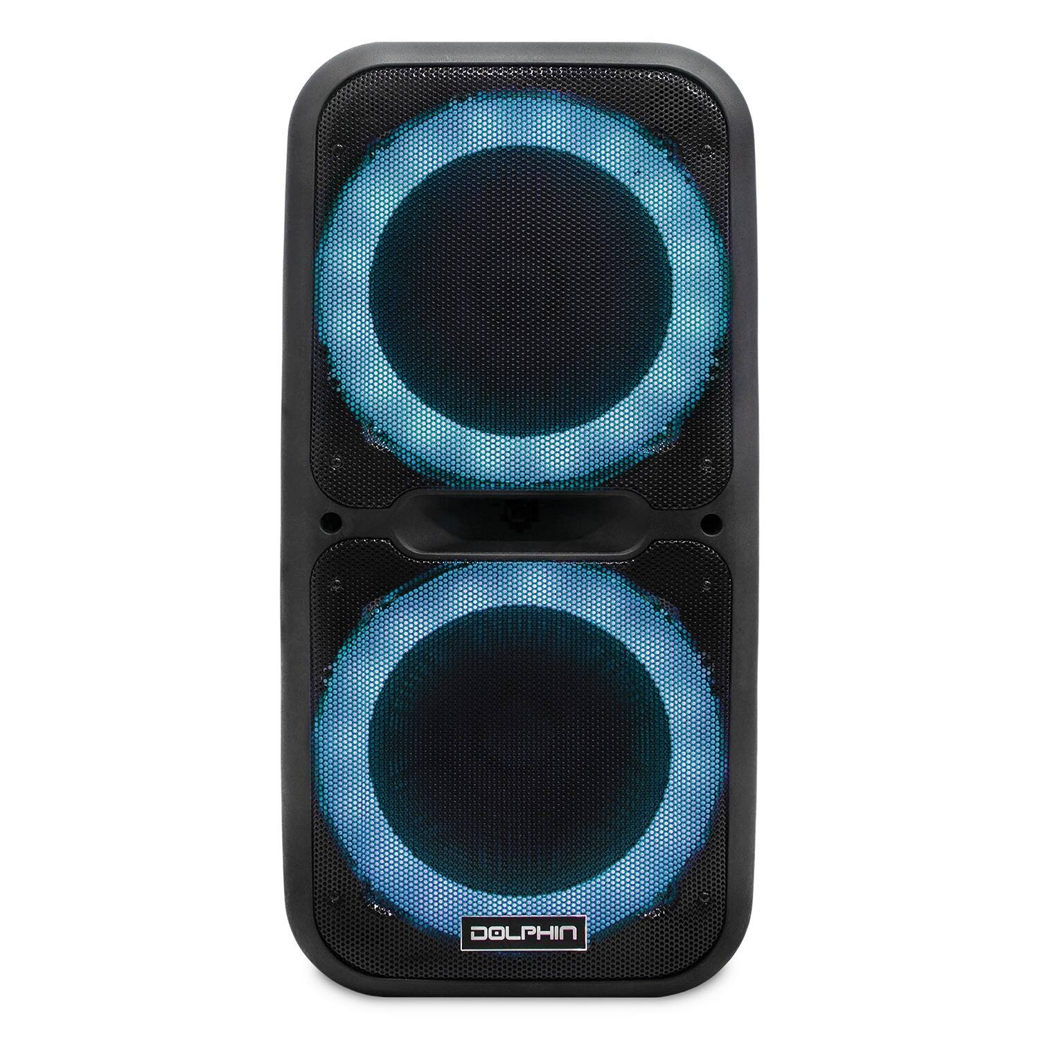 Left. Dolphin Audio - 3600-Watt Portable Bluetooth Rechargeable BoxParty 2120 Party Speaker, Dual 12" Woofers, Lights, Wired Mic, Remote - Black.