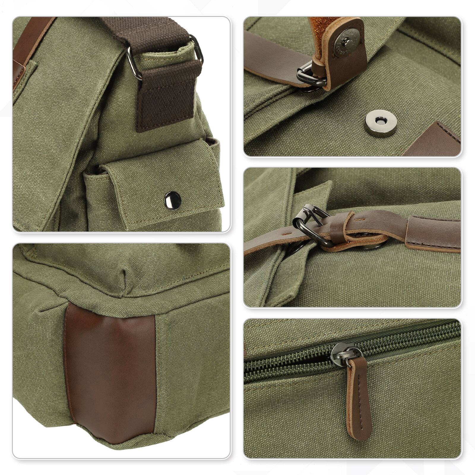 Alt View 4. Unique Bargains - Canvas Crossbody Bag for Men and Women, Vintage Shoulder Bag, Multiple Pockets, Fits 13" Laptops - Green.