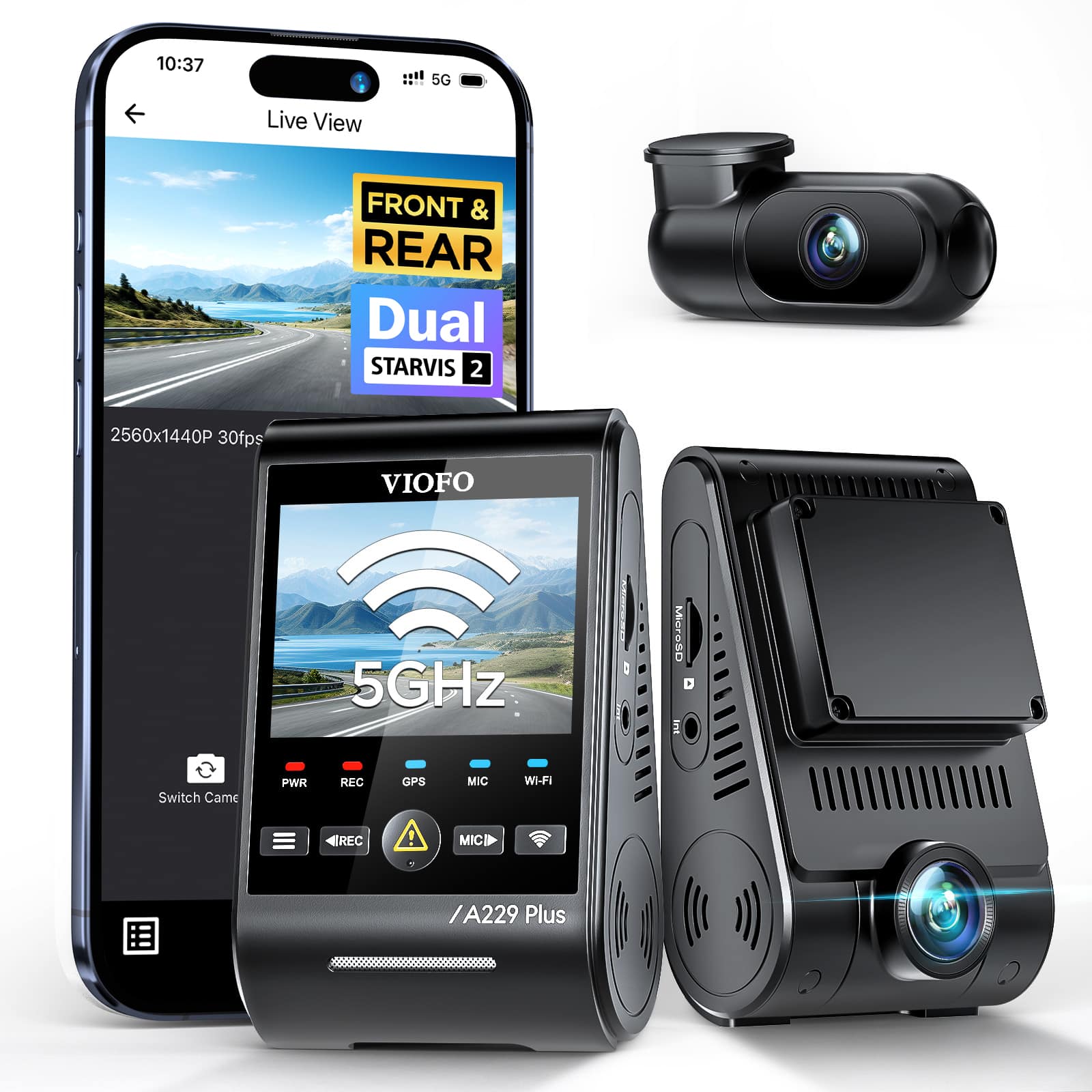 VIOFO - A229 Plus Dash Cam Front and Rear, Dual STARVIS 2 Sensors, 2 Channel HDR, 1440P+1440P Voice Control Car Dash Camer