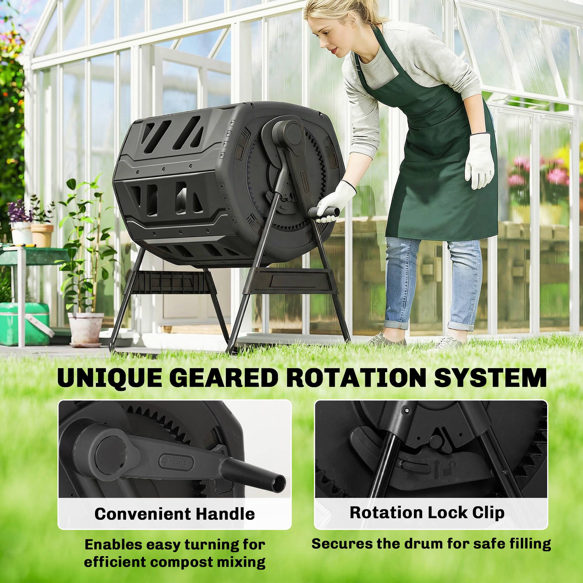 UNIQUE GEARED ROTATION SYSTEM

Convenient Handle
Enables easy turning for efficient compost mixing

Rotation Lock Clip
Secures the drum for safe filling