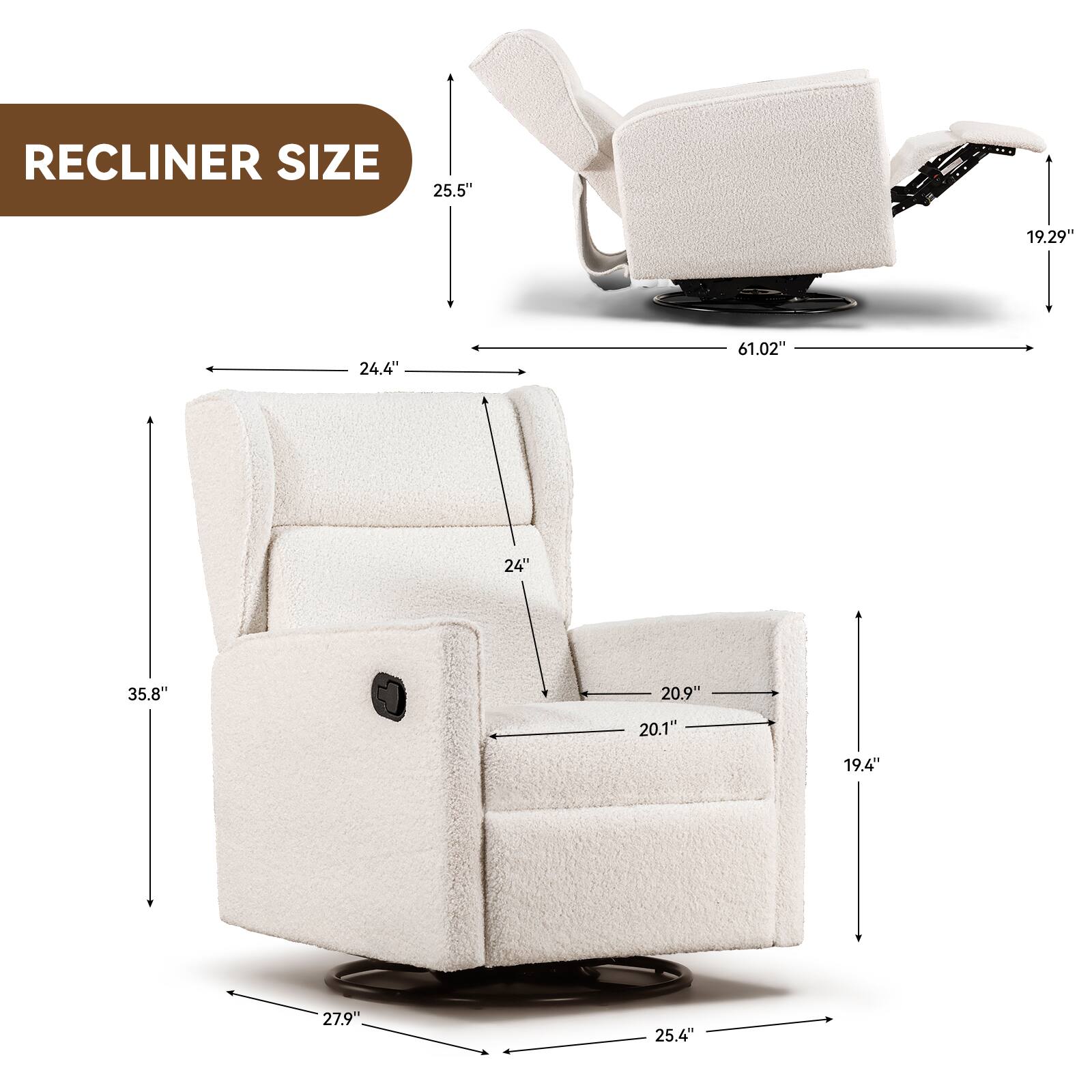 RECLINER SIZE: 25.5", 19.29", 24.4", 61.02", 24", 35.8", 20.9", 20.1", 19.4", 27.9", 25.4"