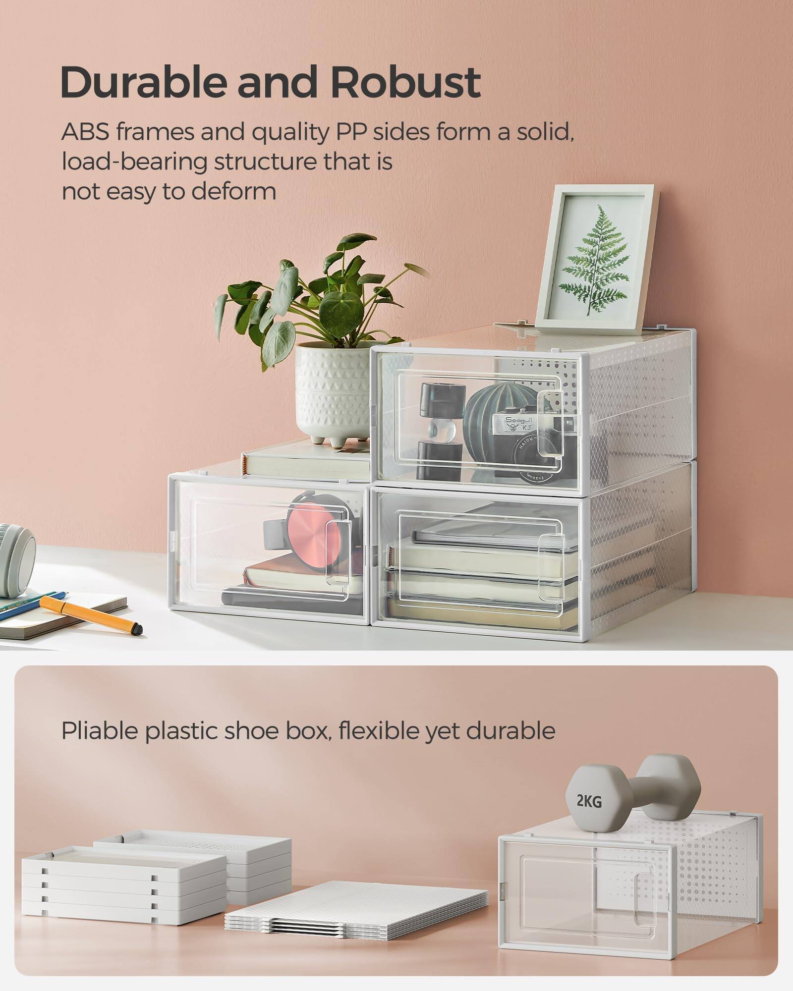 Durable and Robust

ABS frames and quality PP sides form a solid, load-bearing structure that is not easy to deform

Pliable plastic shoe box, flexible yet durable