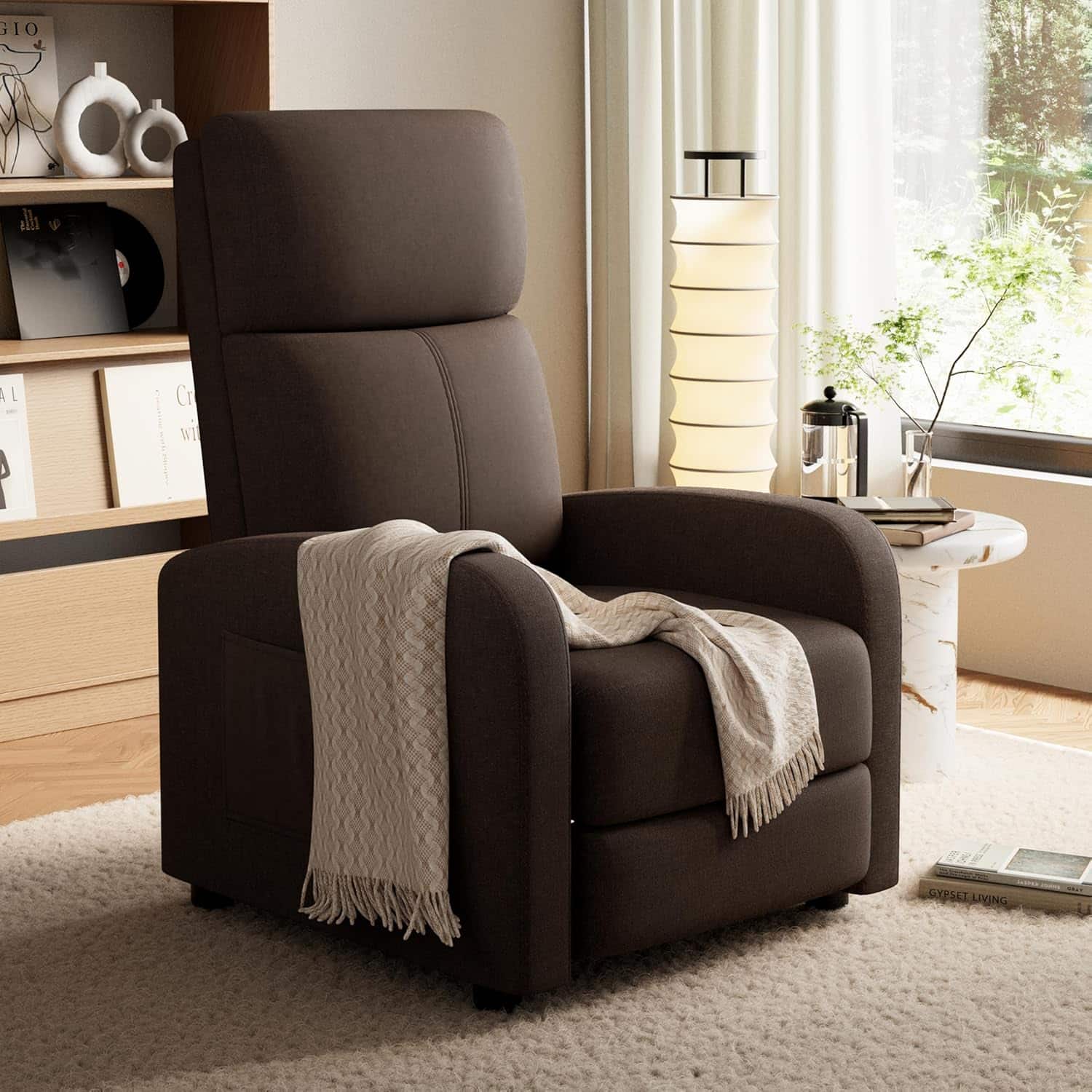 Acekool - Linen Fabric Manual Recliner Chair,Adjustable Push Back Recliner,Lazy Lounge Chair for Living Room,Home Theater,Bedroom - Brown