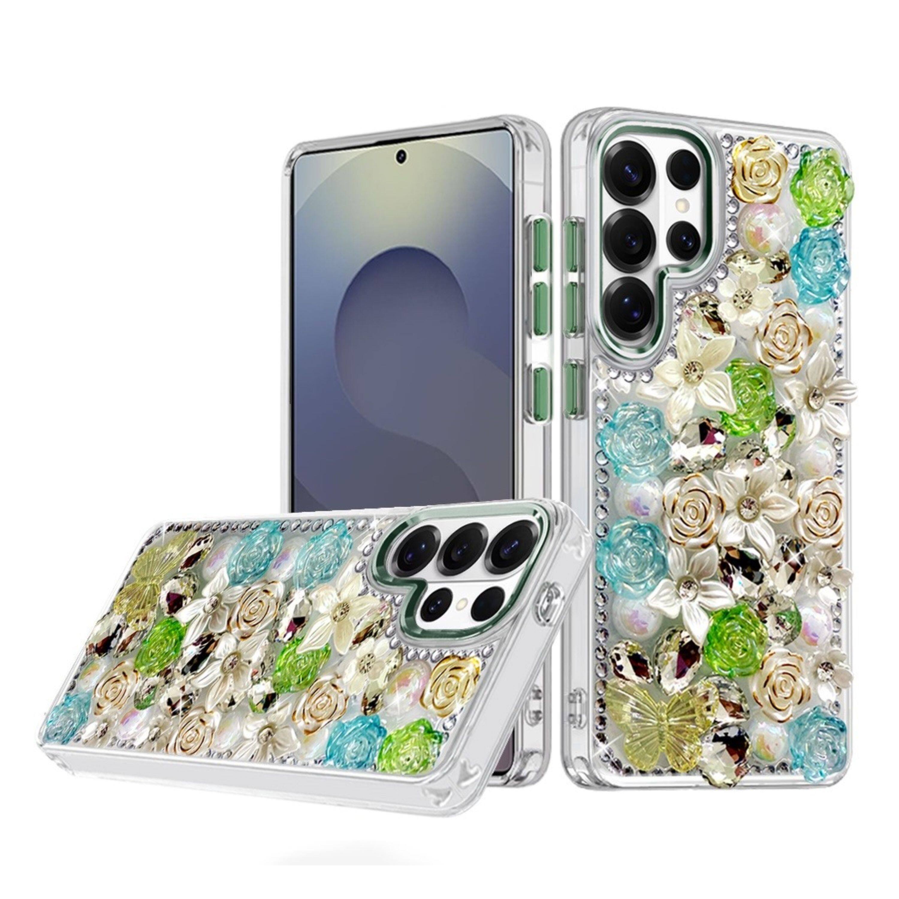 Angle. Kitcheniva - Full Floral Arrangement 3D Bling Design Phone Case With Tempered Glass For Samsung Galaxy S25 Ultra Green - Green.