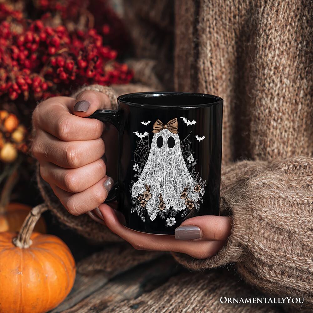 Left. OrnamentallyYou - Cute Lace Ghost Coquette Pesonalized Mug, Floral Vintage Halloween Gift - Black.