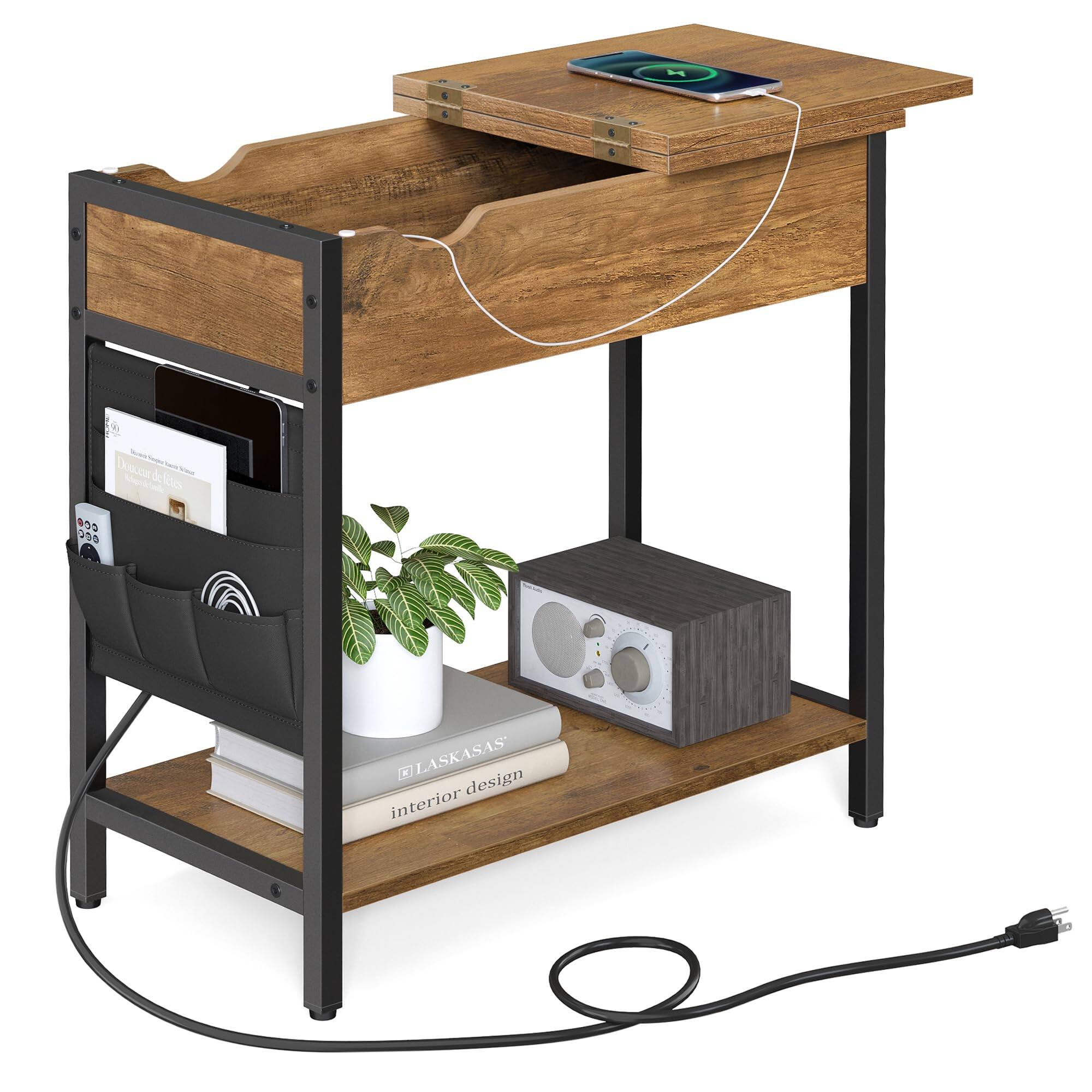 Songmics Home - Side Table with Storage and USB Ports and Black Finish - Rustic Walnut