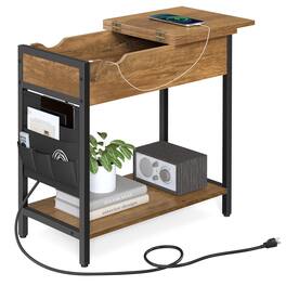 Songmics Home - Side Table with Storage and USB Ports and Black Finish - Rustic Walnut