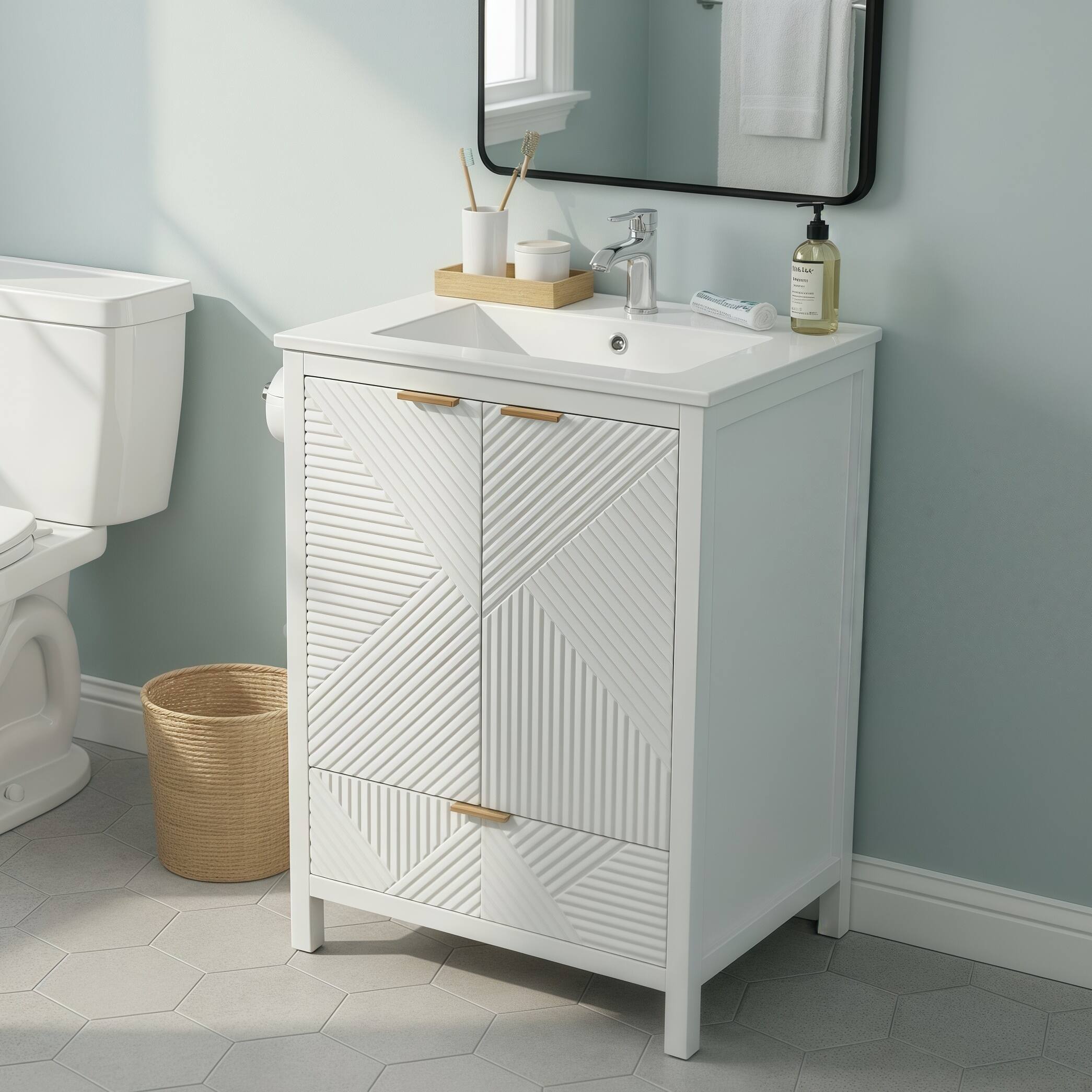 Left. Loheer - 2.02 ft Bathroom Vanity with Ceramic Sink and Single Faucet Hole - White.