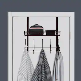 Oumilen - Over The Door Hook Organizer, Metal Over Door Hanger with Storage Basket & 5 Dual-Hooks 19.7 x 18.9 - Black