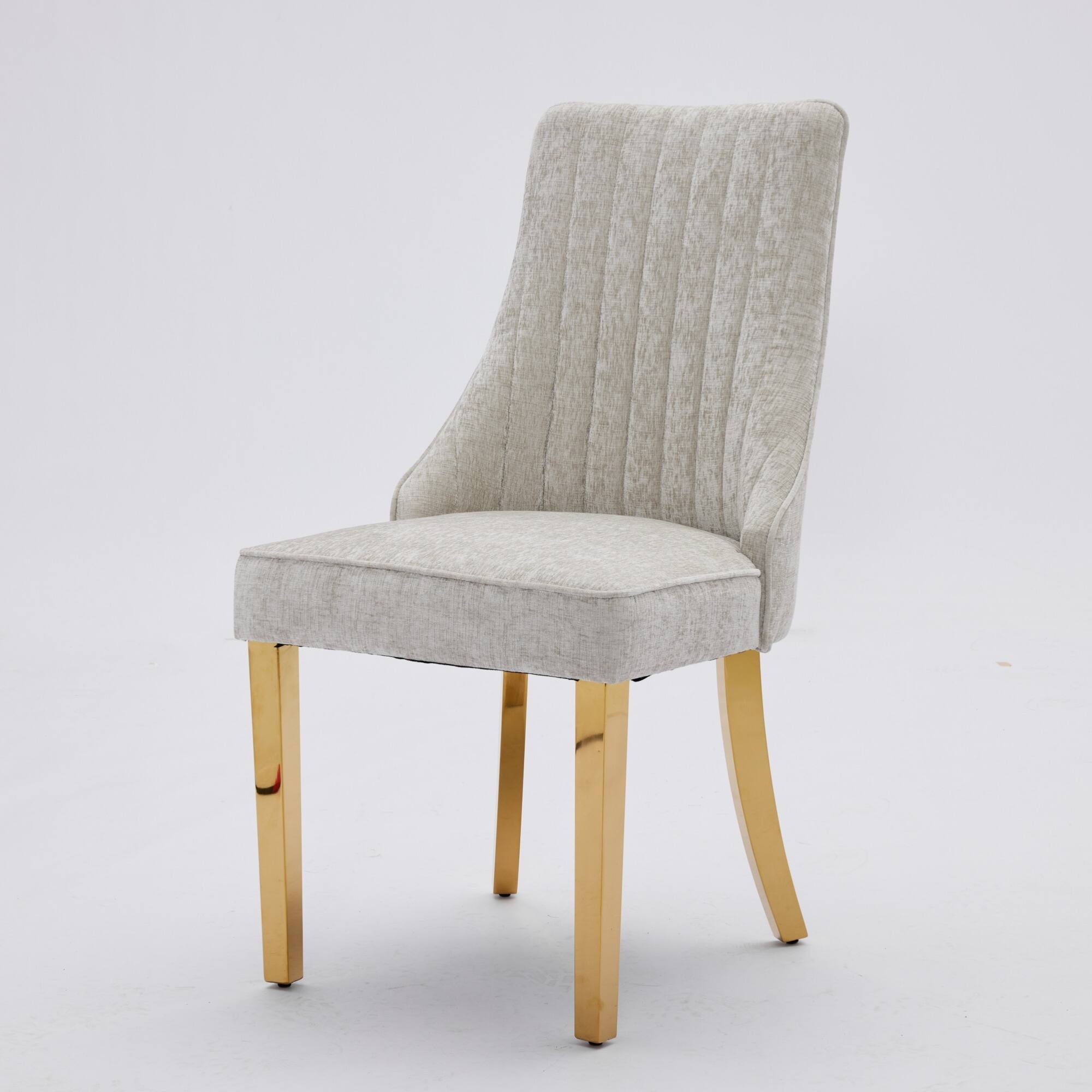 Alt View 4. GOODSILO - Luxury Chenille Fabric Upholstered Dining Chairs with Golden Stainless Steel Legs, Set of 2 - Beige.