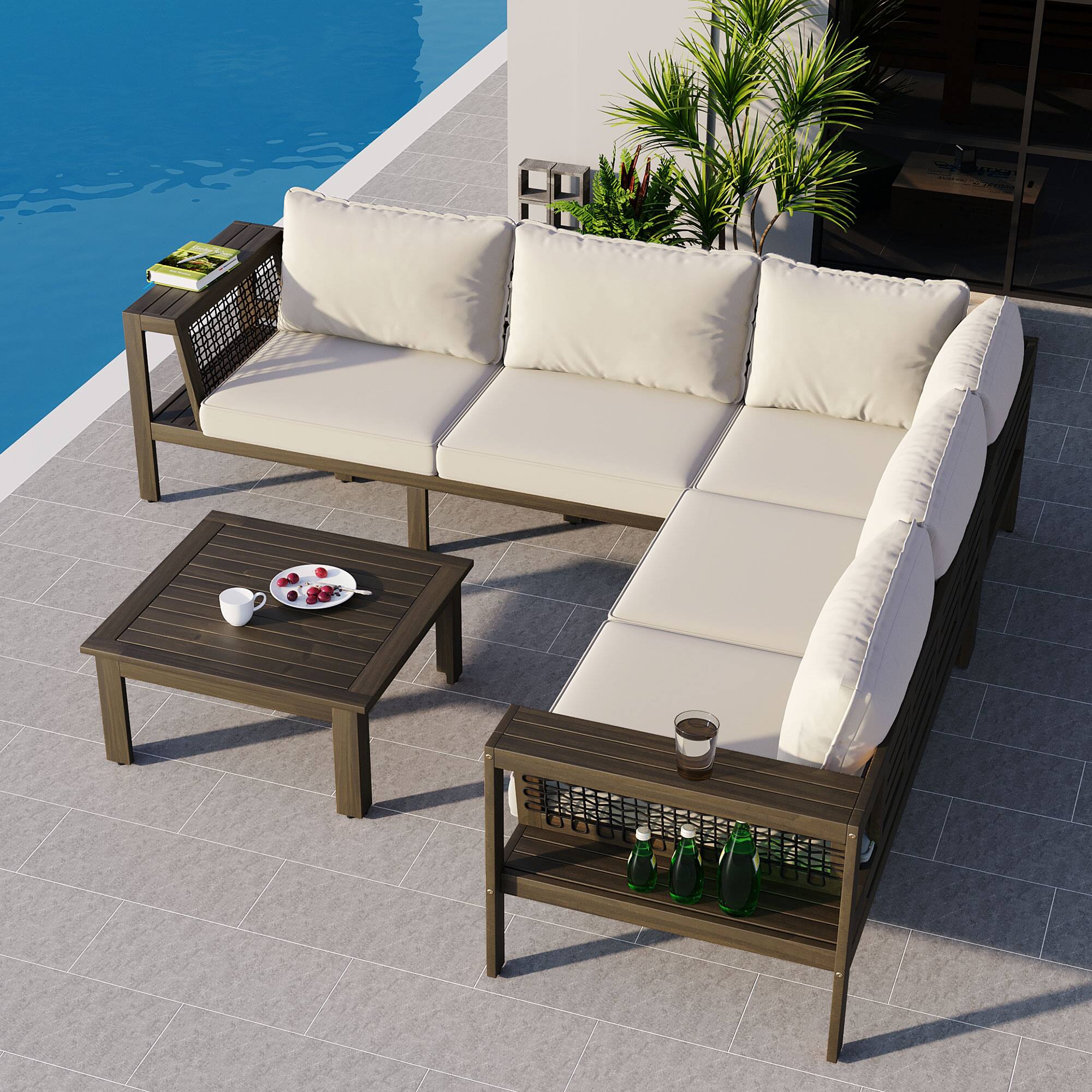 Alt View 1. Siljoy - 4-Piece L-Shaped Acacia Wood Patio Sofa Set, Mesh Armrests, Coffee & Side Tables, Beige Cushions - White.
