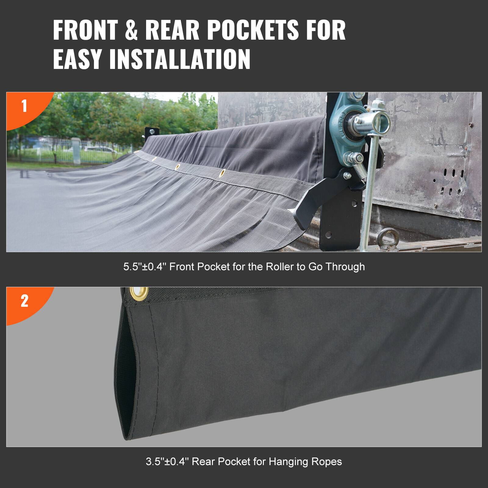 FRONT & REAR POCKETS FOR EASY INSTALLATION

1. 5.5"±0.4" Front Pocket for the Roller to Go Through

2. 3.5"±0.4" Rear Pocket for Hanging Ropes