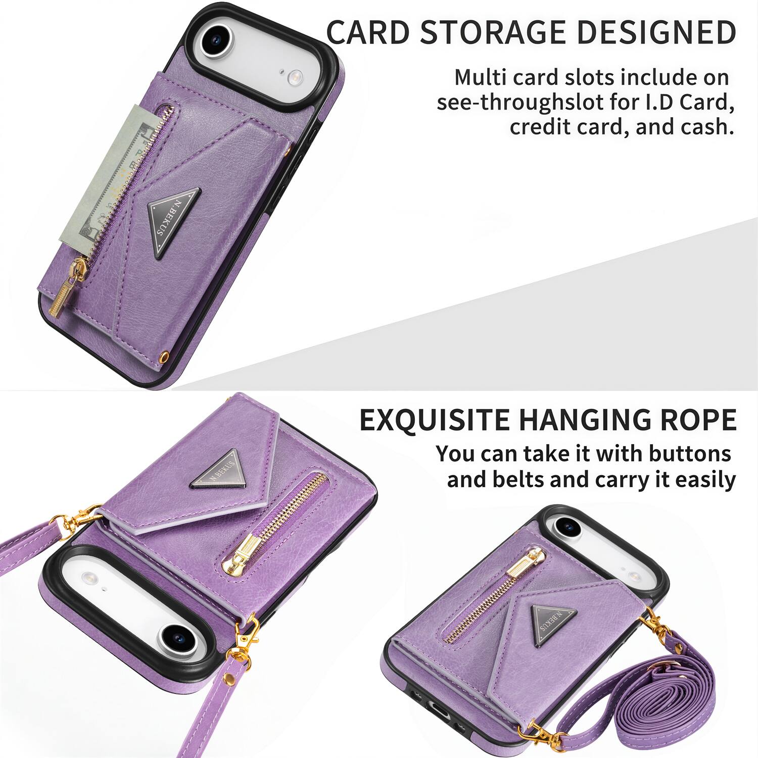 Niseeti N.BEKUS CARD STORAGE DESIGNED Multi card slots include on see-through slot for I.D Card, credit card, and cash. BEUS EXQUISITE HANGING ROPE You can take it with buttons and belts and carry it easily