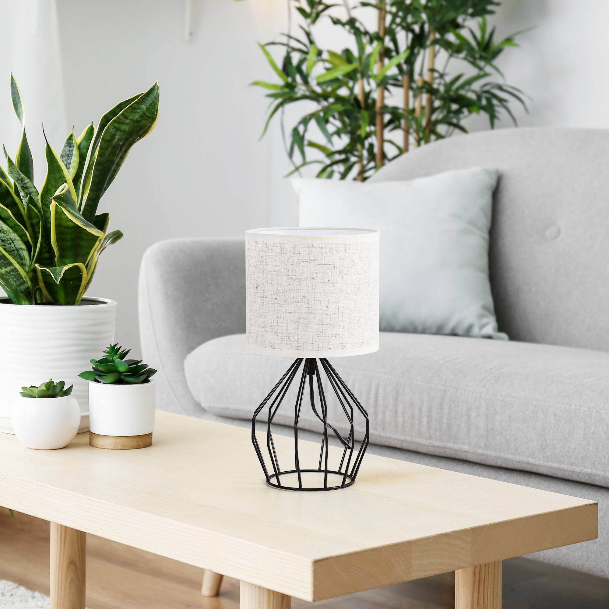 Alt View 1. Oumilen - 13.8In Black Metal Frame Table Lamp with Linen Shade Modern Geometric Bedside Lamp.