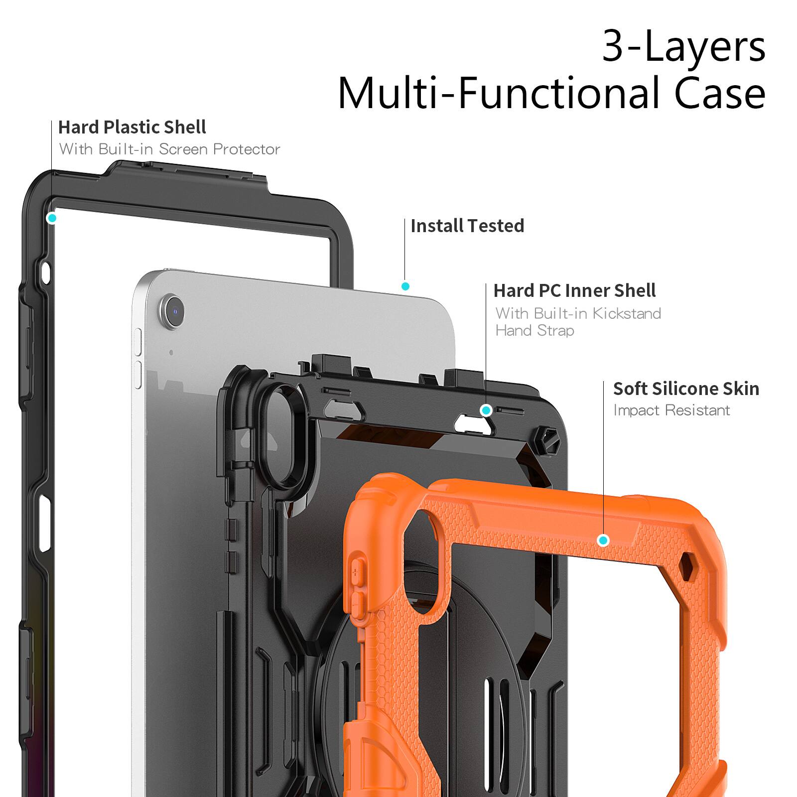 3-Layers Multi-Functional Case Hard Plastic Shell With Built-in Screen Protector Install Tested Hard PC Inner Shell With Built-in Kickstand Hand Strap Soft Silicone Skin Impact Resistant