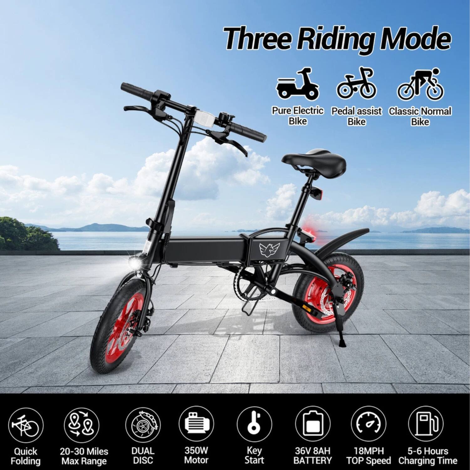 Three Riding Mode  
Pure Electric Bike  
Pedal assist Bike  
Classic Normal Bike  

Quick Folding  
20-30 Miles Max Range  
DUAL DISC  
350W Motor  
Key Start  
36V 8AH BATTERY  
18MPH TOP Speed  
5-6 Hours Charging Time