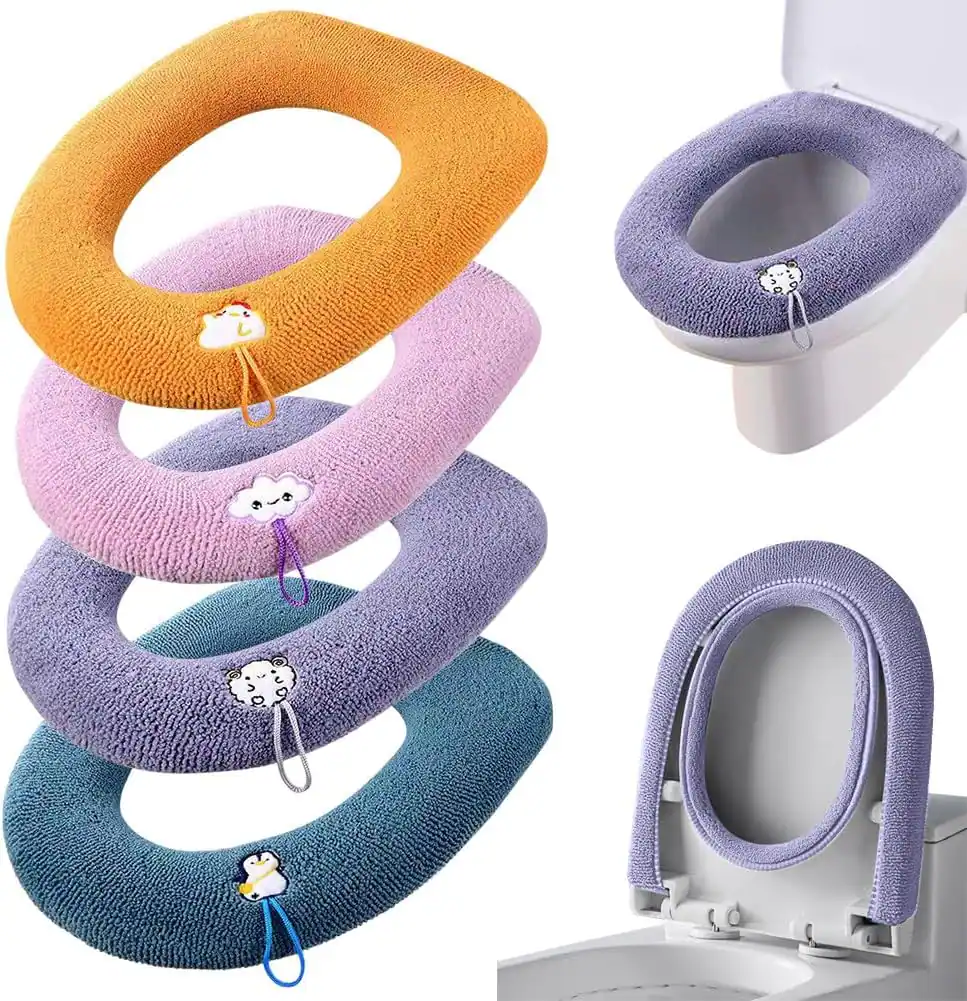 Front. Auledio - 4Pcs Winter Warm Toilet Seat Cover Mat Bathroom Toilet Pad Cushion with Handle Thicker Soft Washable Warmer Accessories - Multicolor.
