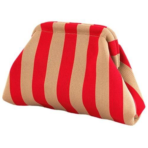 Fabibe - Clutch Purses For Women 2025 Summer Beach Woven Crochet Bag Dumpling Striped Ruched Cloud Purse Evening Handbag - Yellow-red