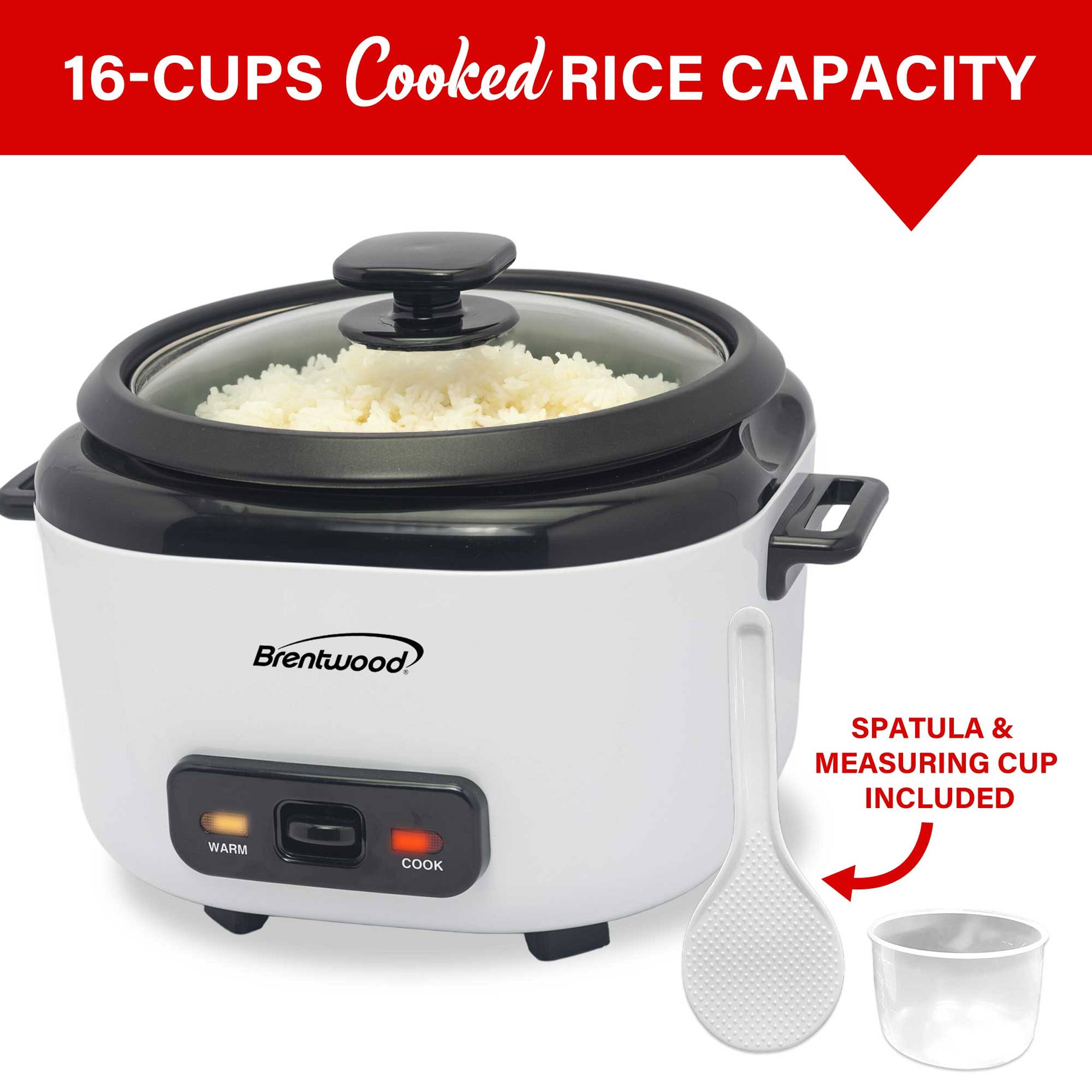 16-CUPS Cooked RICE CAPACITY Brentwood. SPATULA & MEASURING CUP INCLUDED WARM COOK