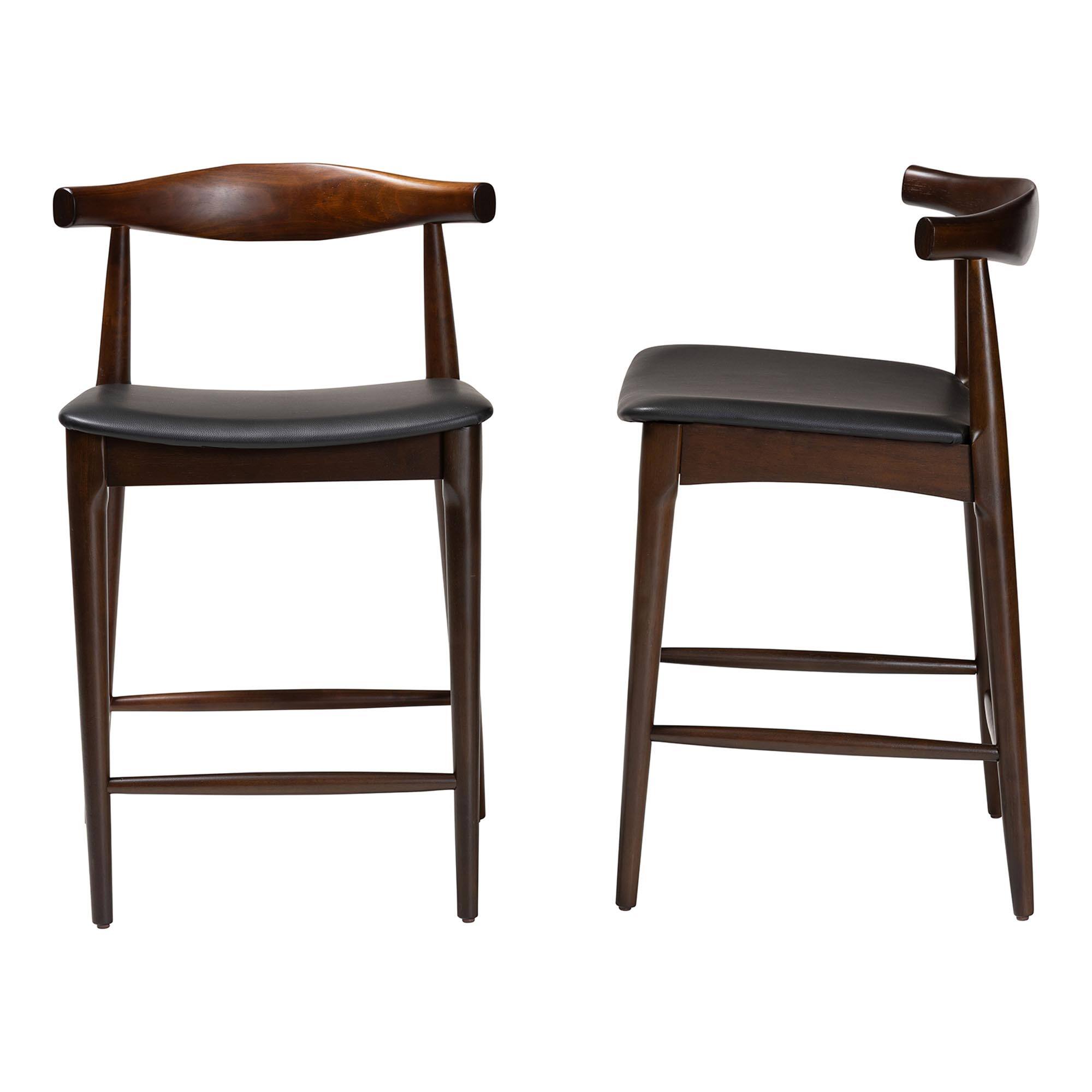 Left. Baxton Studio - Eira Counter Stool Set of 2- Walnut Wood Frame Counter-height Chair with Curved Backrest and Faux Leather Seat - Black/Walnut Brown.