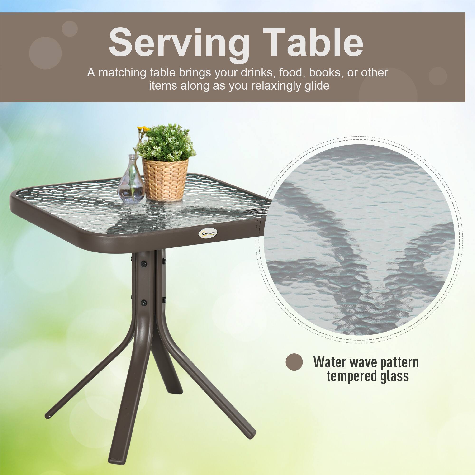 Serving Table
A matching table brings your drinks, food, books, or other items along as you relaxingly glide
n Water wave pattern tempered glass