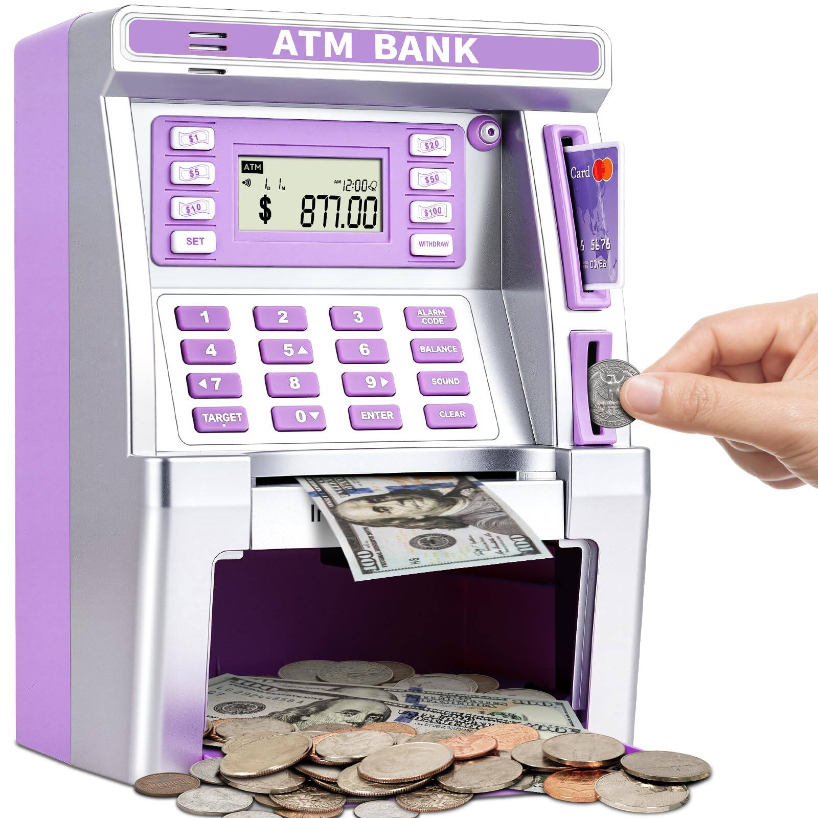 ATM BANK
$5 $10 $20 $50 $100
ATM
$ 877.00
1 2 3
4 5 6
7 8 9
0
ALARM CODE
BALANCE
SOUND
TARGET
ENTER
CLEAR
WITHDRAW
Card
5676
Circles