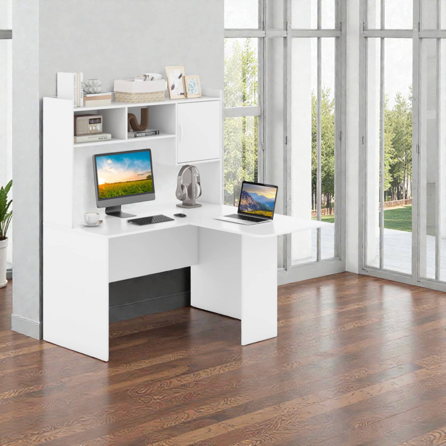 Hivvago - Spacious L-Style Office Desk with Open Shelves and Side Cabinet - White