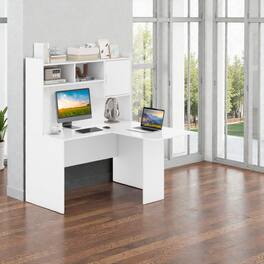 Hivvago - Spacious L-Style Office Desk with Open Shelves and Side Cabinet - White