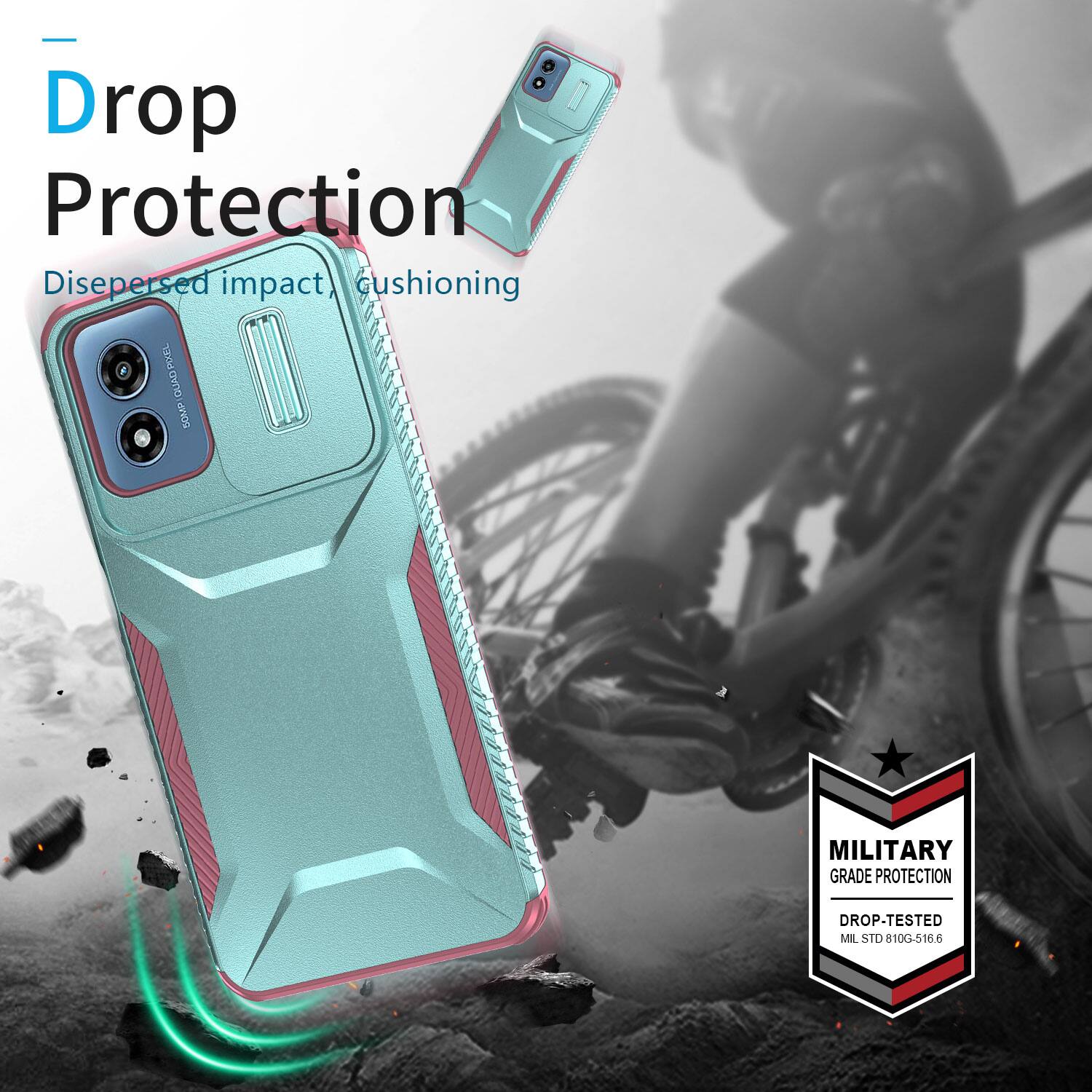 Drop Protection  
Dispersed impact, cushioning  

MILITARY GRADE PROTECTION  
DROP-TESTED MIL STD 810G-516.6