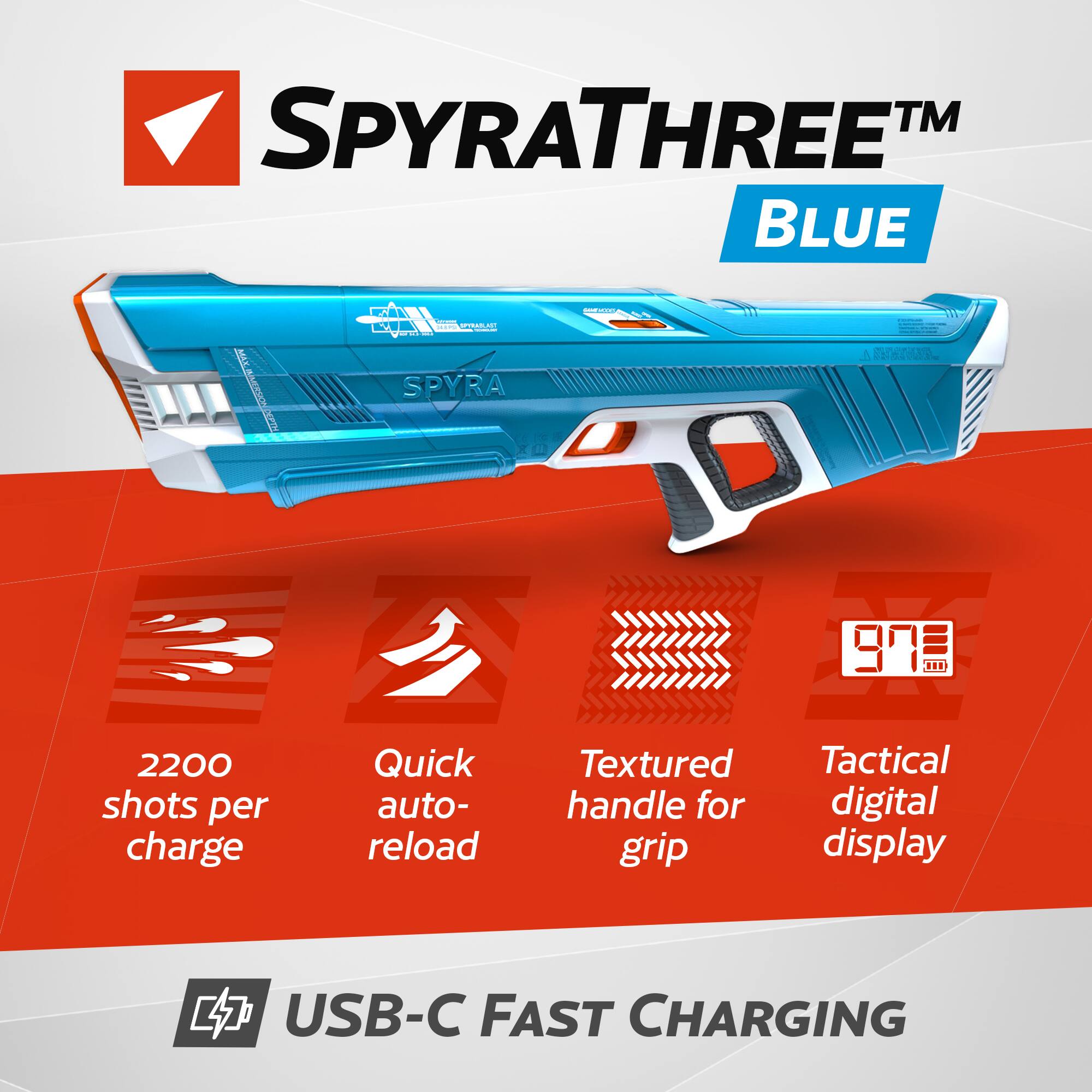 SPYRATHREE™ BLUE

- 2200 shots per charge
- Quick auto-reload
- Textured handle for grip
- Tactical digital display
- USB-C FAST CHARGING