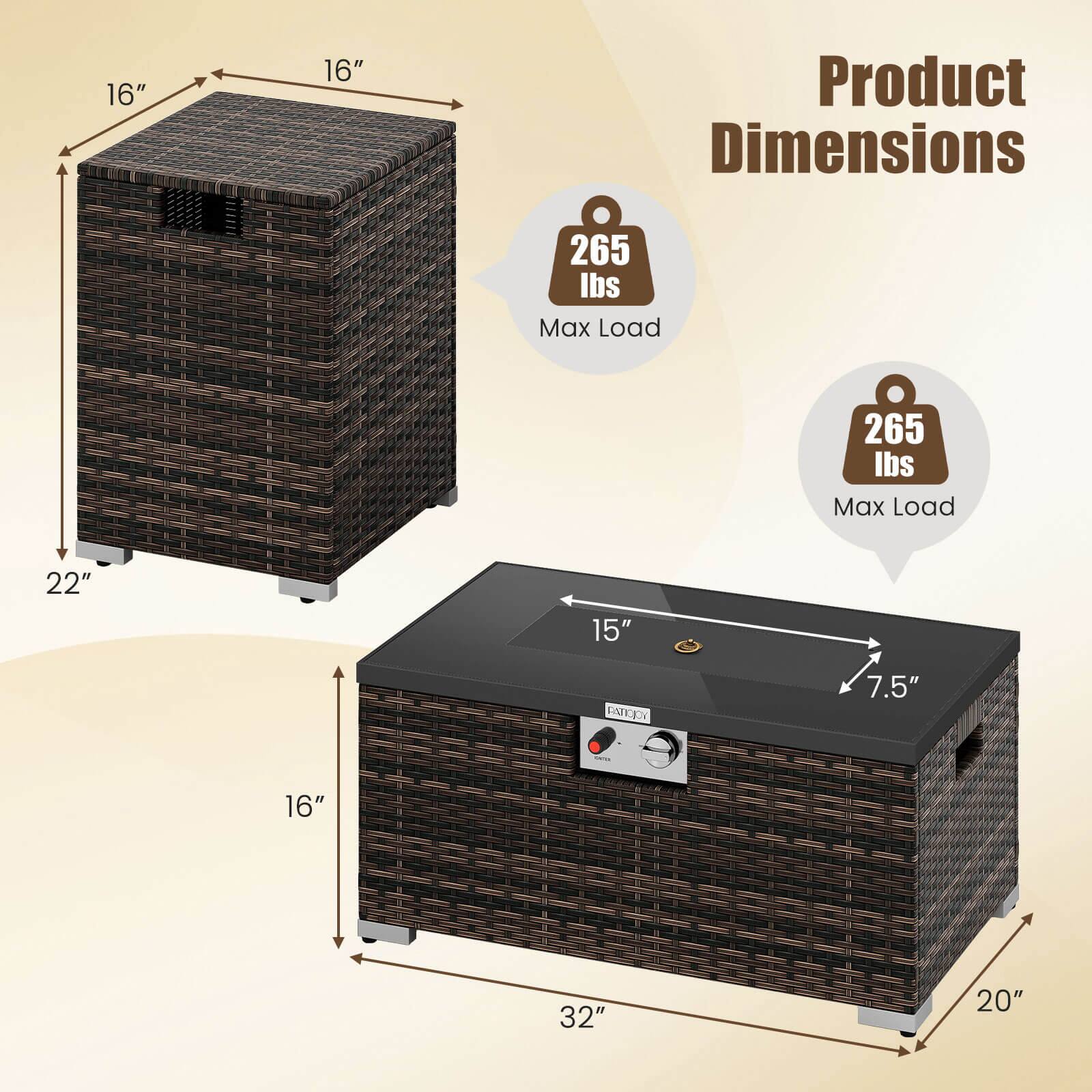 Product Dimensions

- 16" x 16" x 22"
- 15" x 7.5" x 20"
- 32" (depth)

Max Load: 265 lbs