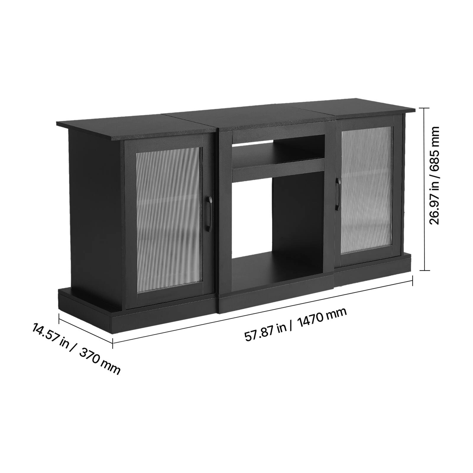 The dimensions of the cabinet are as follows:

- Width: 57.87 inches (1470 mm)
- Height: 26.97 inches (685 mm)
- Depth: 14.57 inches (370 mm)
- Height of the lower shelf: 7.75 inches (197 mm)
- Height of the cabinet base: 5.71 inches (145 mm)
- Width of the cabinet base: 14.57 inches (370 mm)