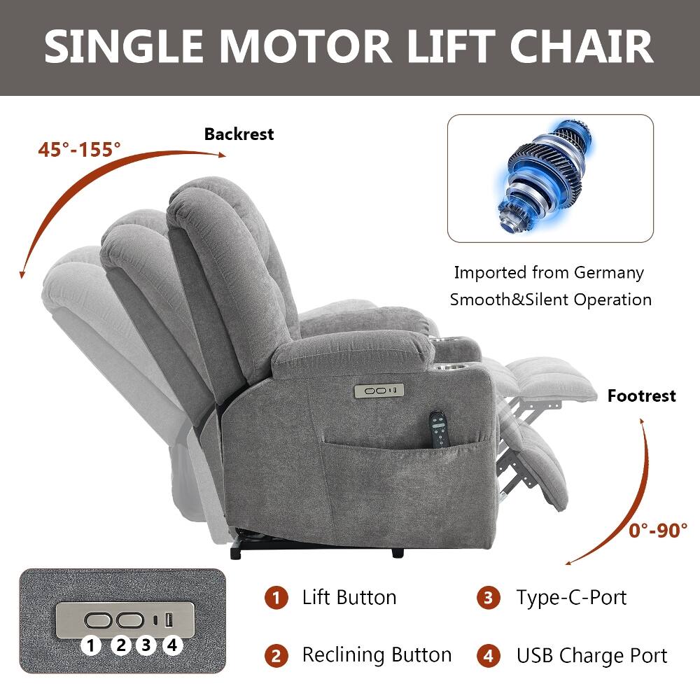 SINGLE MOTOR LIFT CHAIR

45°-155°
Backrest
Imported from Germany Smooth&Silent Operation

0°-90°
Footrest

1. Lift Button
2. Reclining Button
3. Type-C-Port
4. USB Charge Port