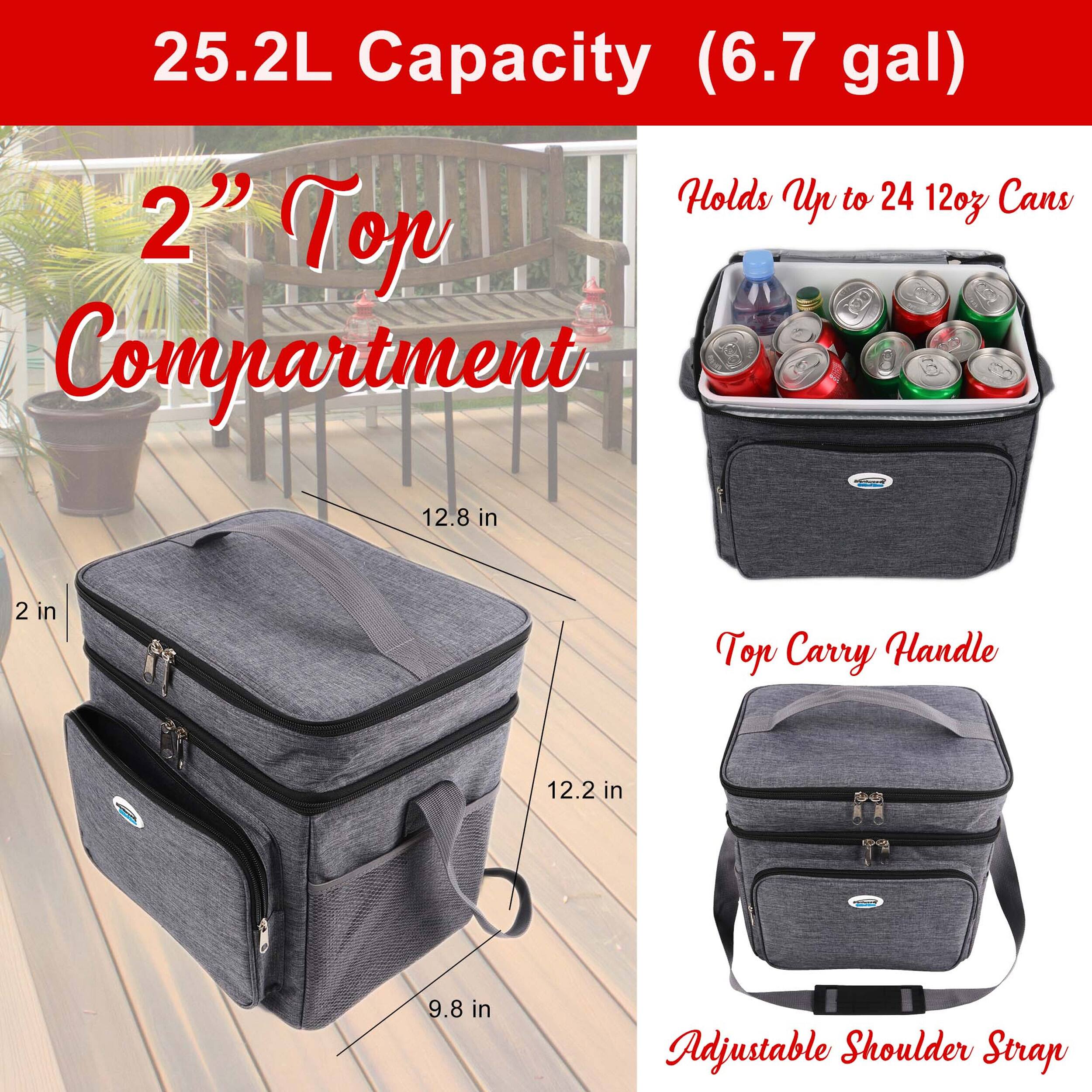 25.2L Capacity (6.7 gal)  
Holds Up to 24 12oz Cans  
2" Top Compartment  
12.8 in x 2 in x 12.2 in x 9.8 in  
Top Carry Handle  
Adjustable Shoulder Strap