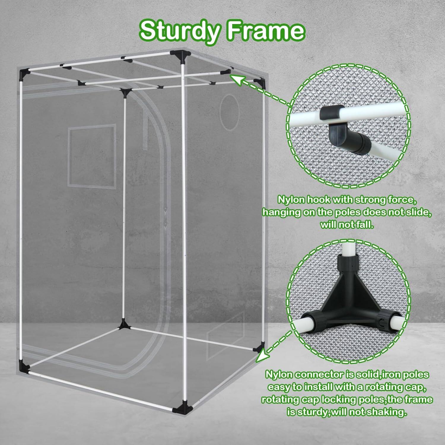 Sturdy Frame: Nylon hook with strong force, hanging on the poles does not slide, will not fall. Nylon connector is solid iron poles easy to install with a rotating cap, rotating cap locking poles, the frame is sturdy, will not shaking.