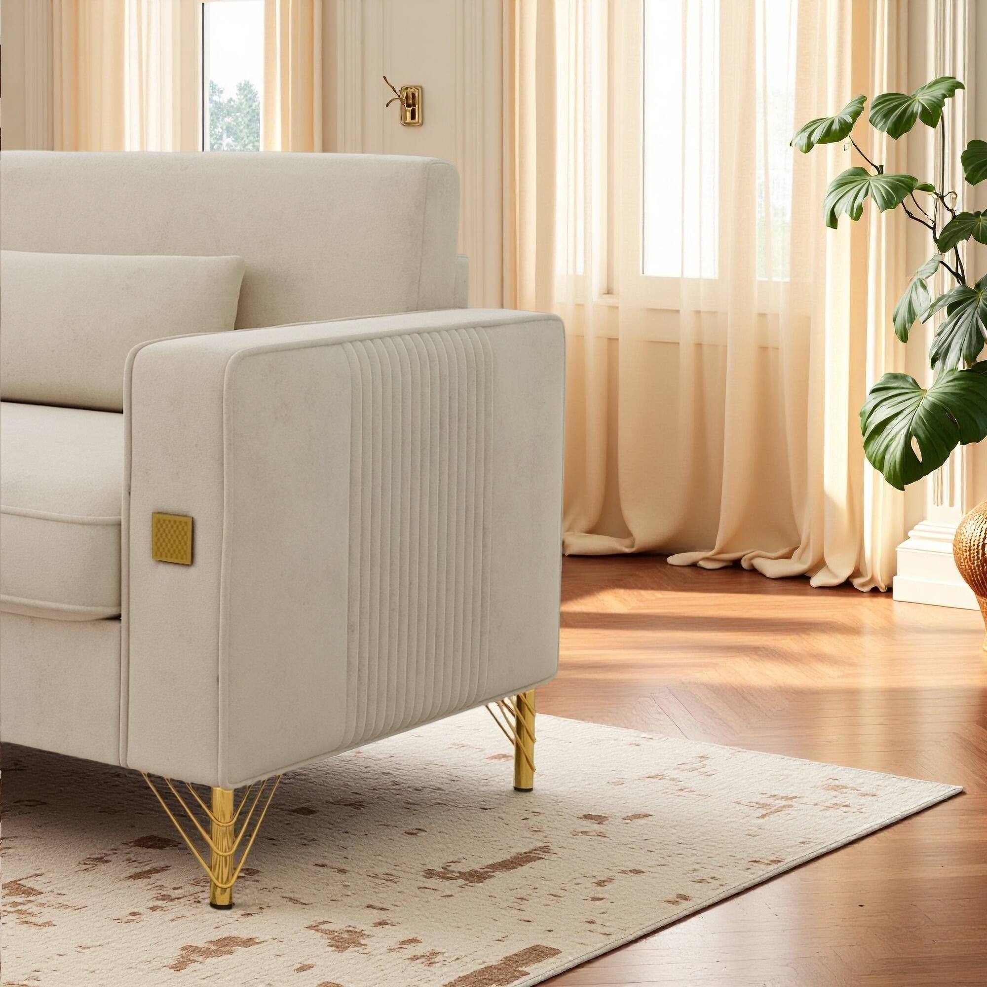 Angle. Anysun - Luxury 3-Seat Velvet Sofa with Gold Accents - Plush Cushions for Living Room & Office. - Beige.