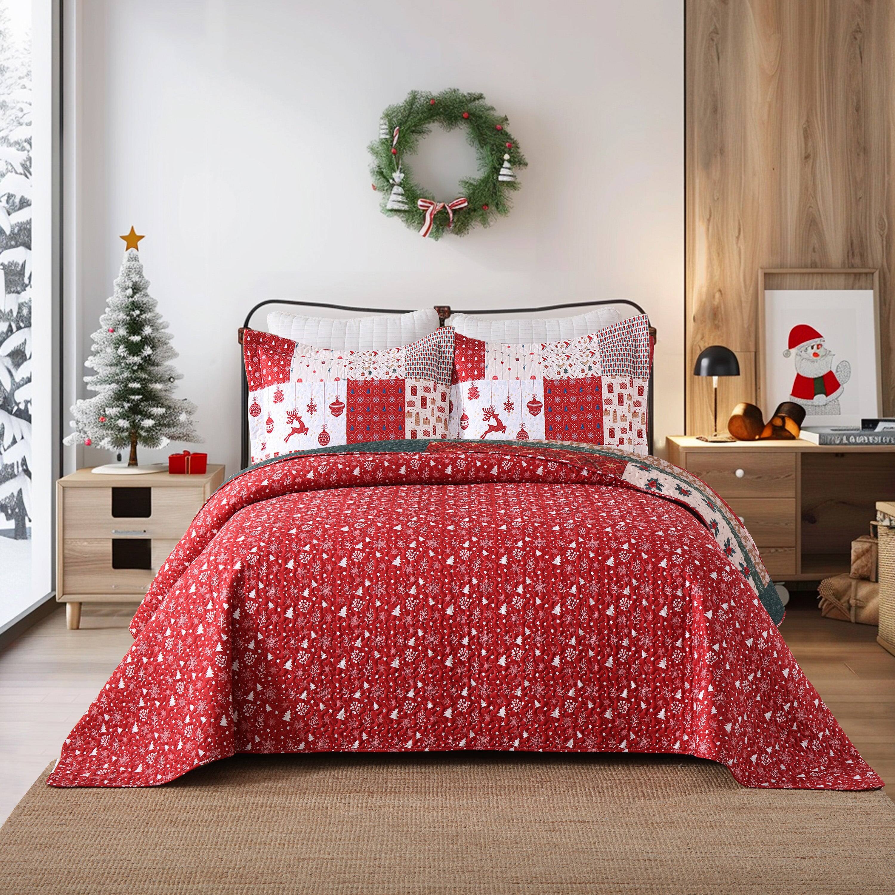Alt View 4. MarCielo - MarCielo 3 Pcs Christmas Themed Holiday Polyester Patchwork Quilt Bedspread Set - Red.