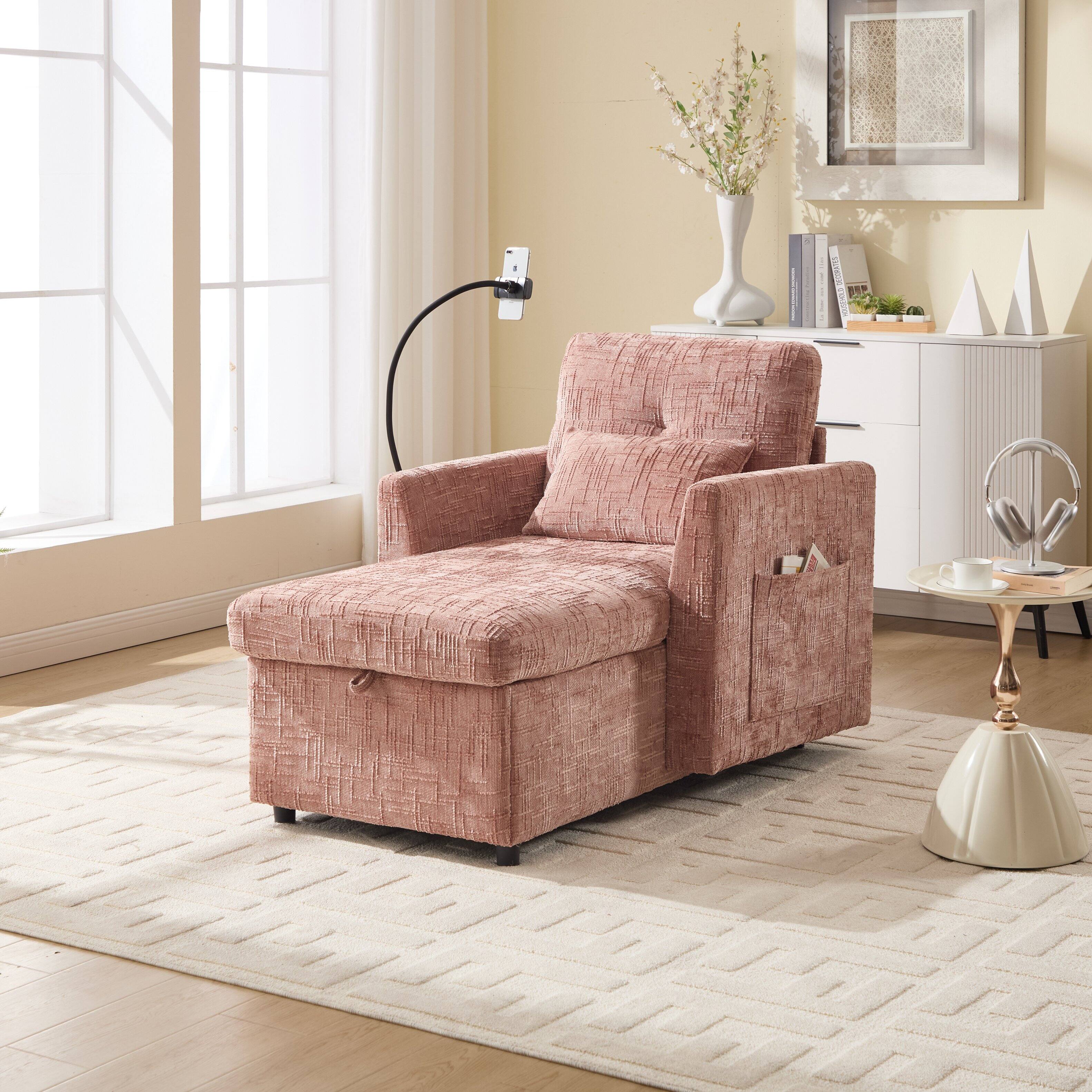 Angle. Trinkets Crazed - Lazy Person Sofa Couch, Multifunctional Chenille Single Leisure Chair with Storage Backrest, Cell Phone Bracket - Pink.
